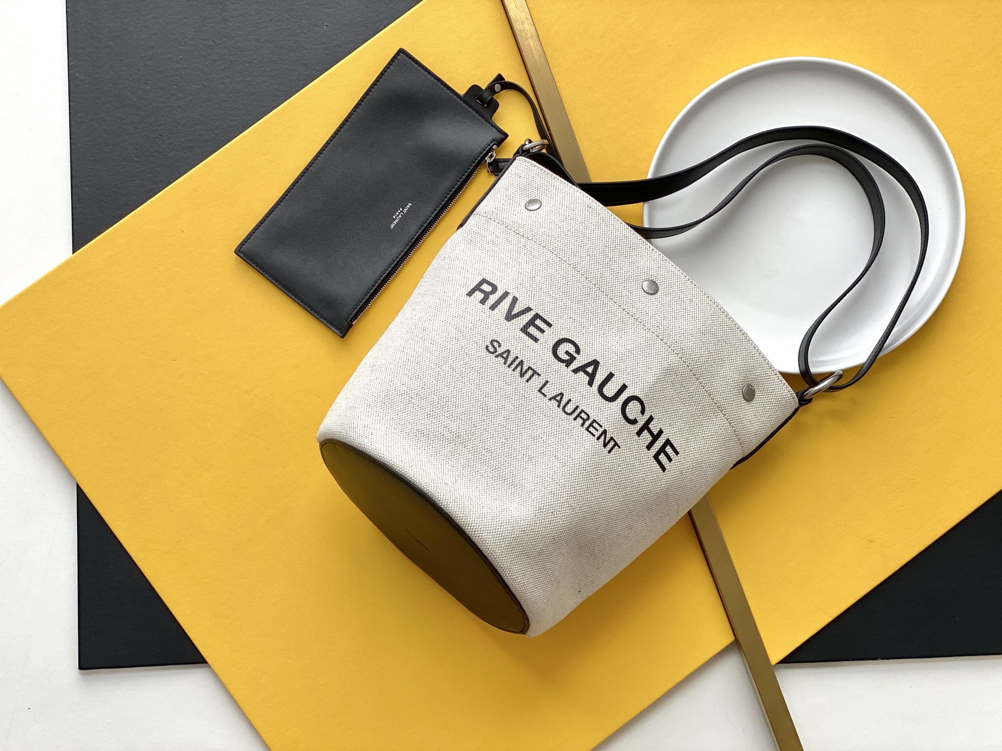 Saint Laurent Rive Gauche Bucket Bag In Linen With Black Strap For Women 11.4in/30cm YSL 669299FAAAZ9024