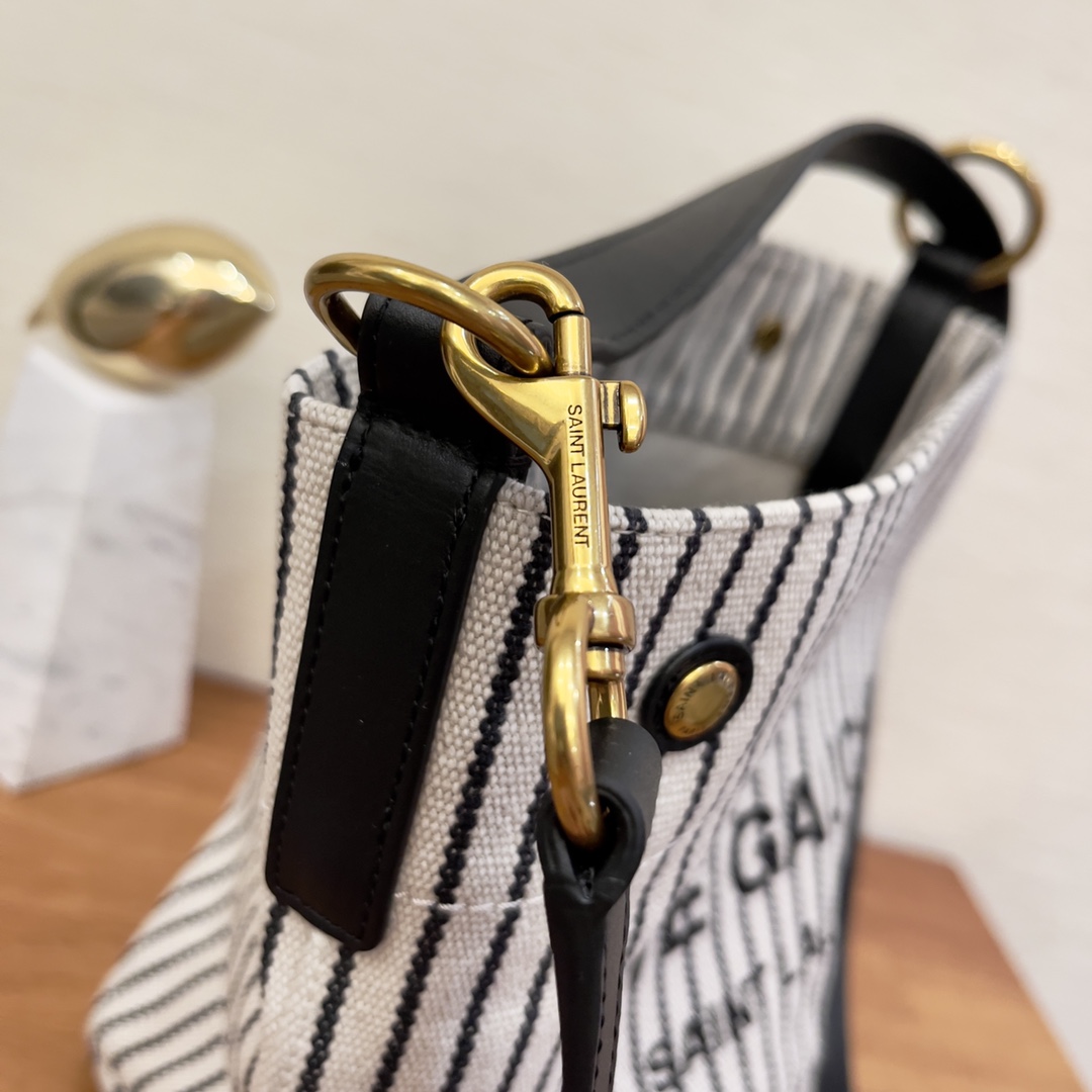 Saint Laurent Rive Gauche Bucket Bag In Striped Canvas For Women 11.8in/30cm Black And White YSL 669299FAAE59583