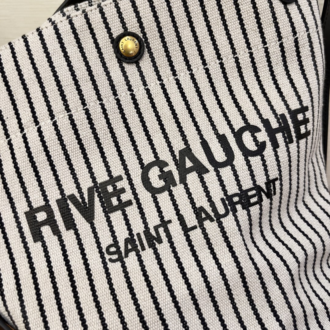 Saint Laurent Rive Gauche Bucket Bag In Striped Canvas For Women 11.8in/30cm Black And White YSL 669299FAAE59583