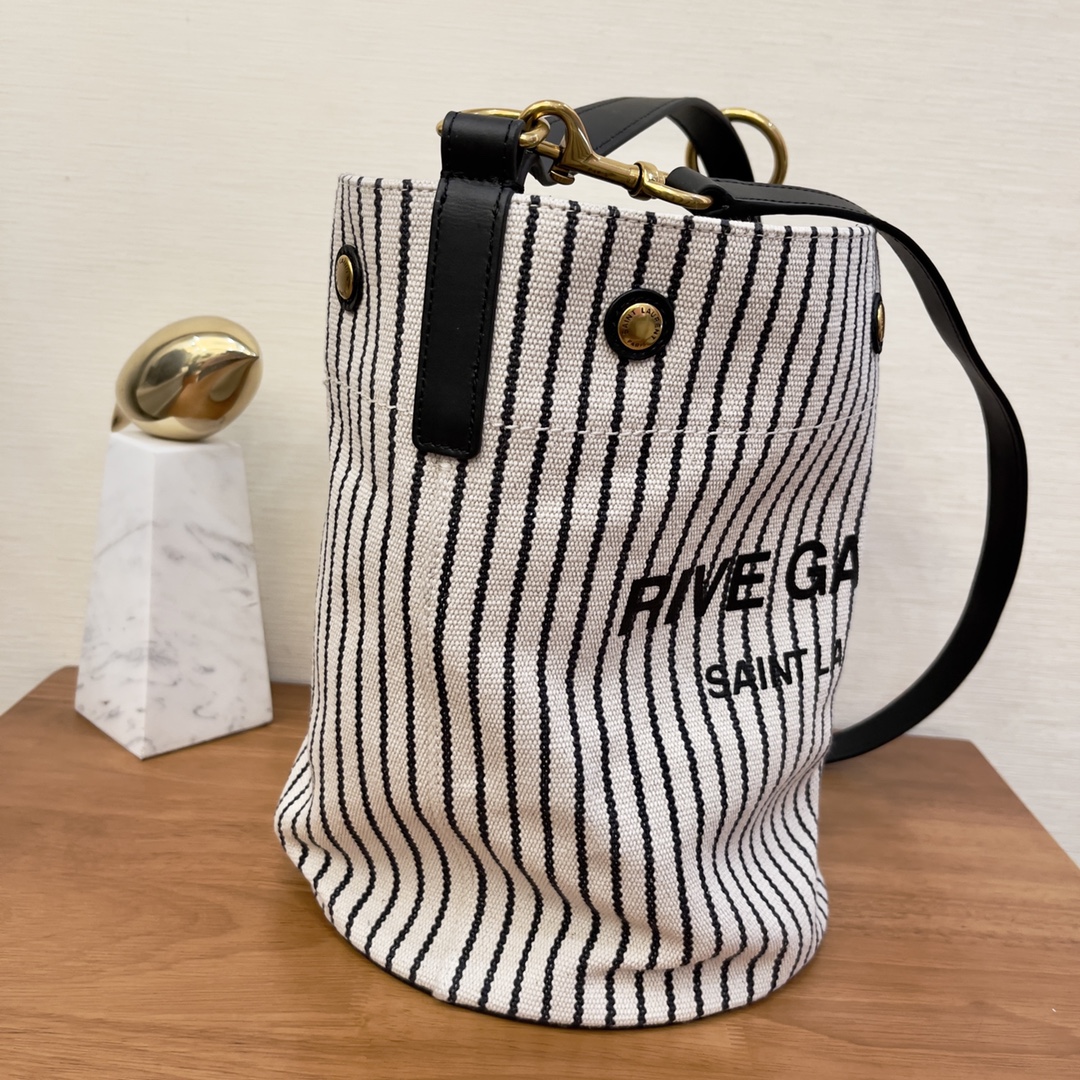 Saint Laurent Rive Gauche Bucket Bag In Striped Canvas For Women 11.8in/30cm Black And White YSL 669299FAAE59583