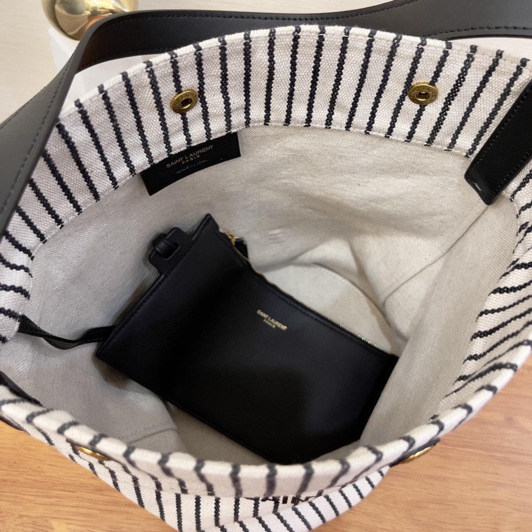 Saint Laurent Rive Gauche Bucket Bag In Striped Canvas For Women 11.8in/30cm Black And White YSL 669299FAAE59583