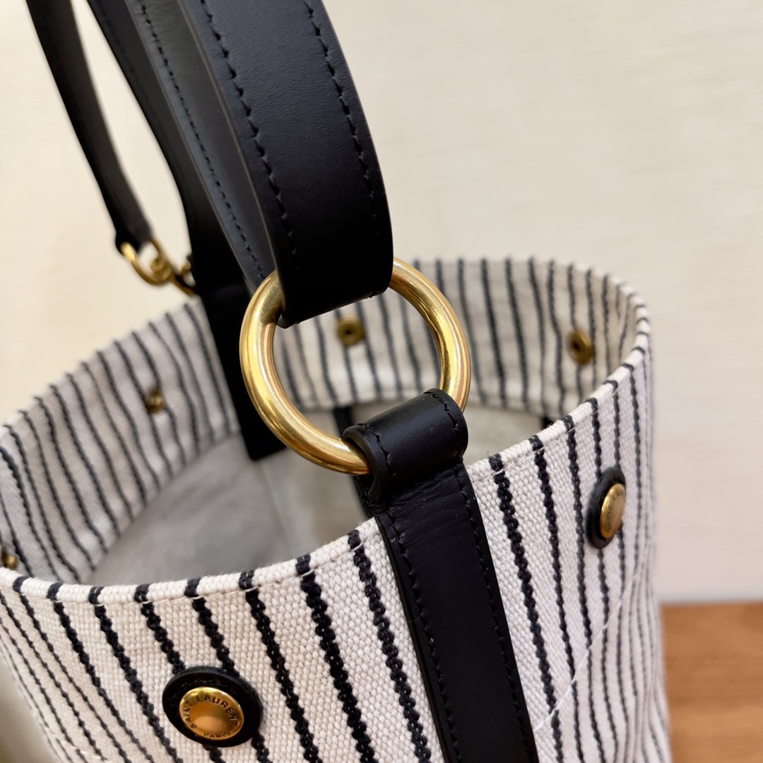Saint Laurent Rive Gauche Bucket Bag In Striped Canvas For Women 11.8in/30cm Black And White YSL 669299FAAE59583