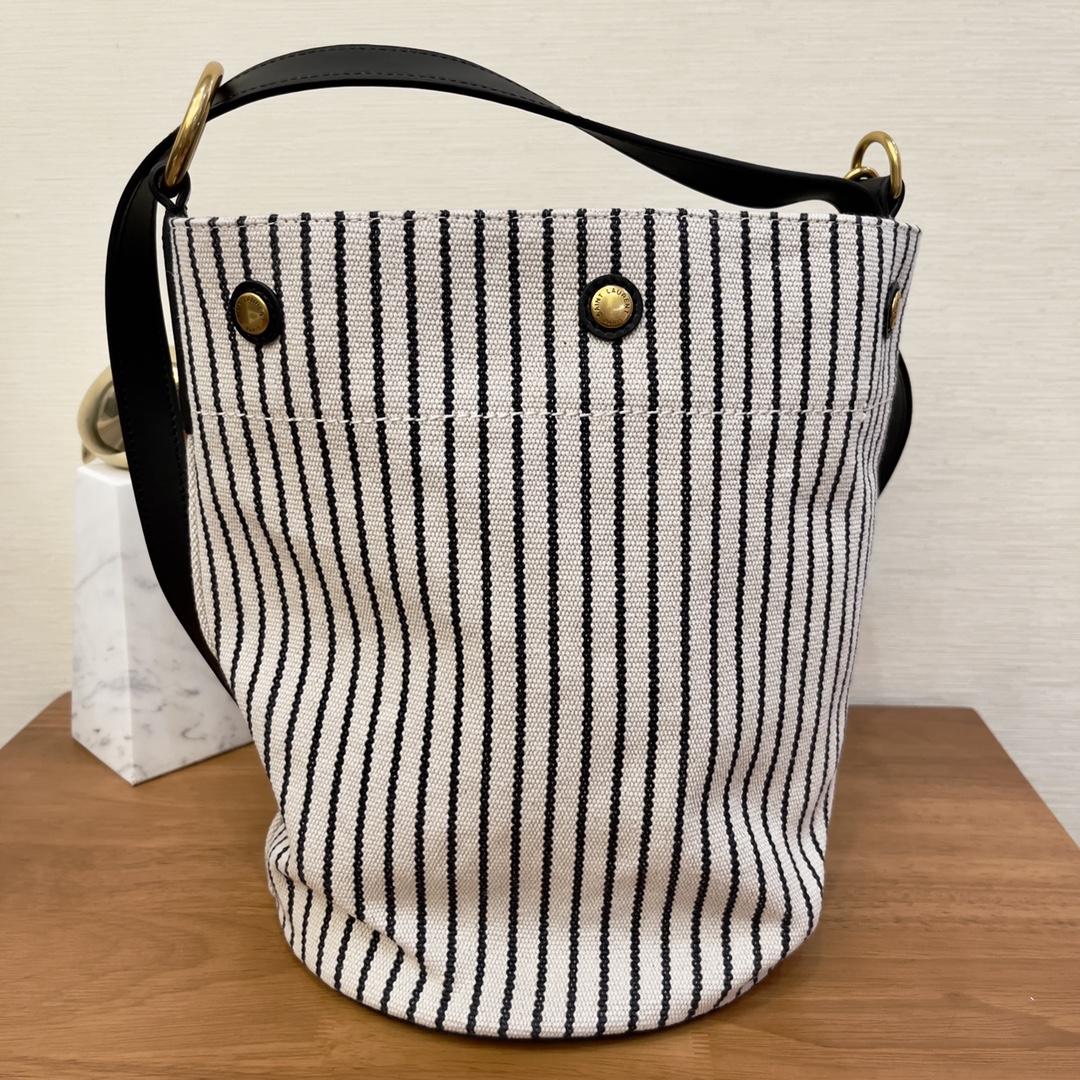 Saint Laurent Rive Gauche Bucket Bag In Striped Canvas For Women 11.8in/30cm Black And White YSL 669299FAAE59583