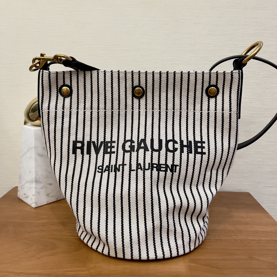 Saint Laurent Rive Gauche Bucket Bag In Striped Canvas For Women 11.8in/30cm Black And White YSL 669299FAAE59583