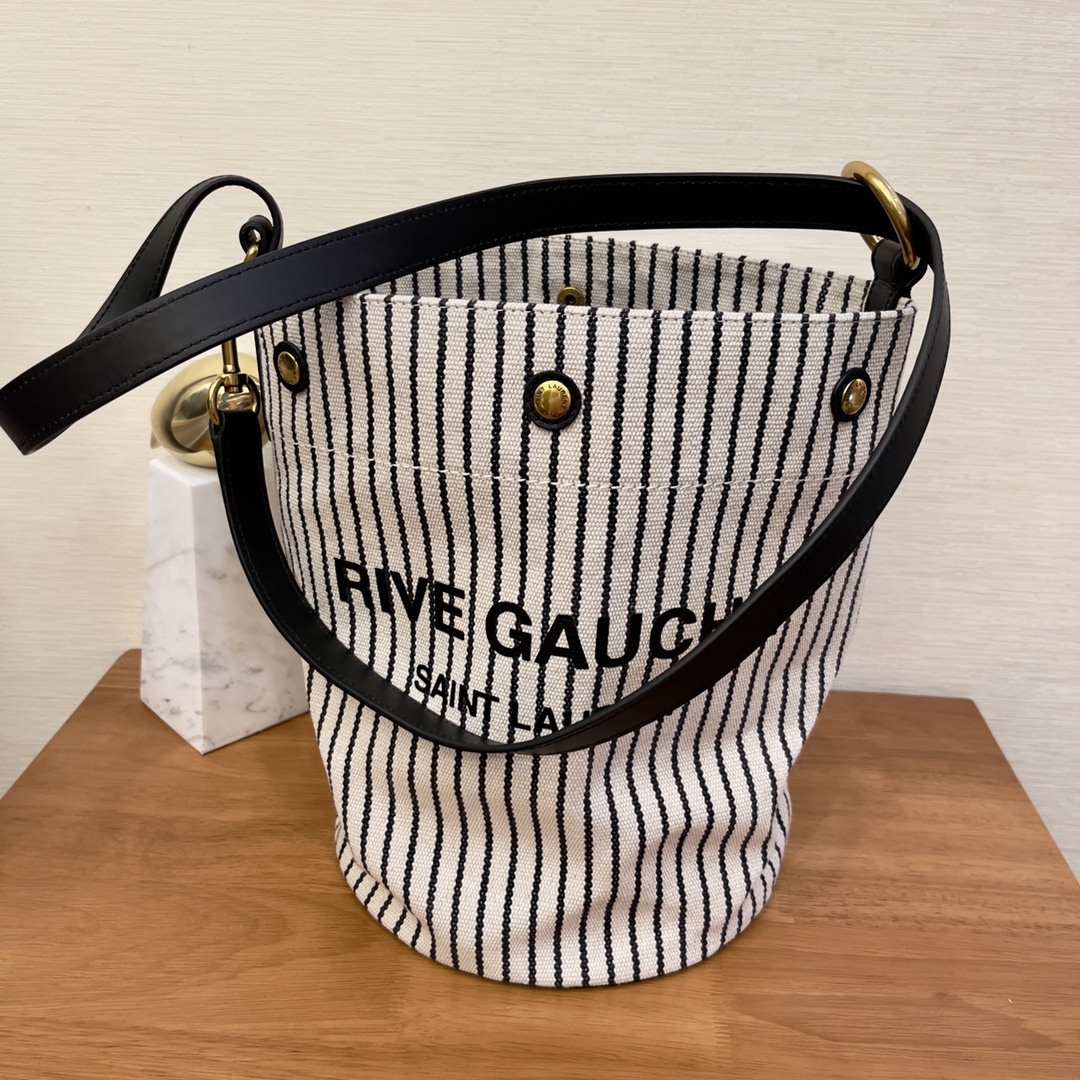 Saint Laurent Rive Gauche Bucket Bag In Striped Canvas For Women 11.8in/30cm Black And White YSL 669299FAAE59583