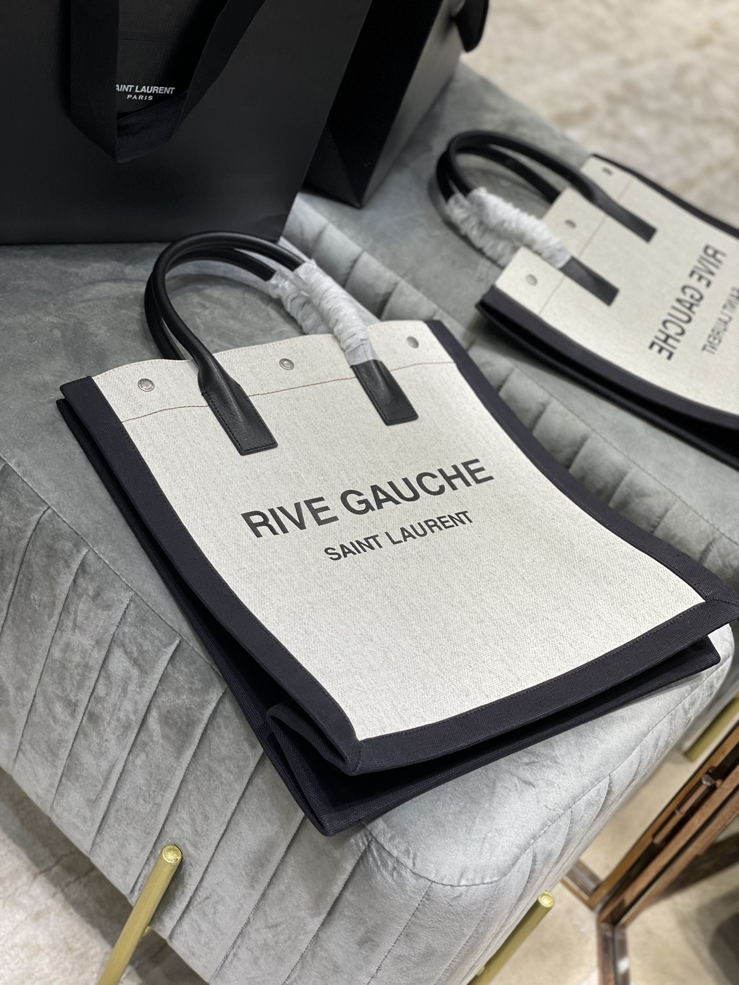 Saint Laurent Rive Gauche North/South Tote Bag In Printed Linen For Women 15.3in/39cm YSL 632539FAABR9083