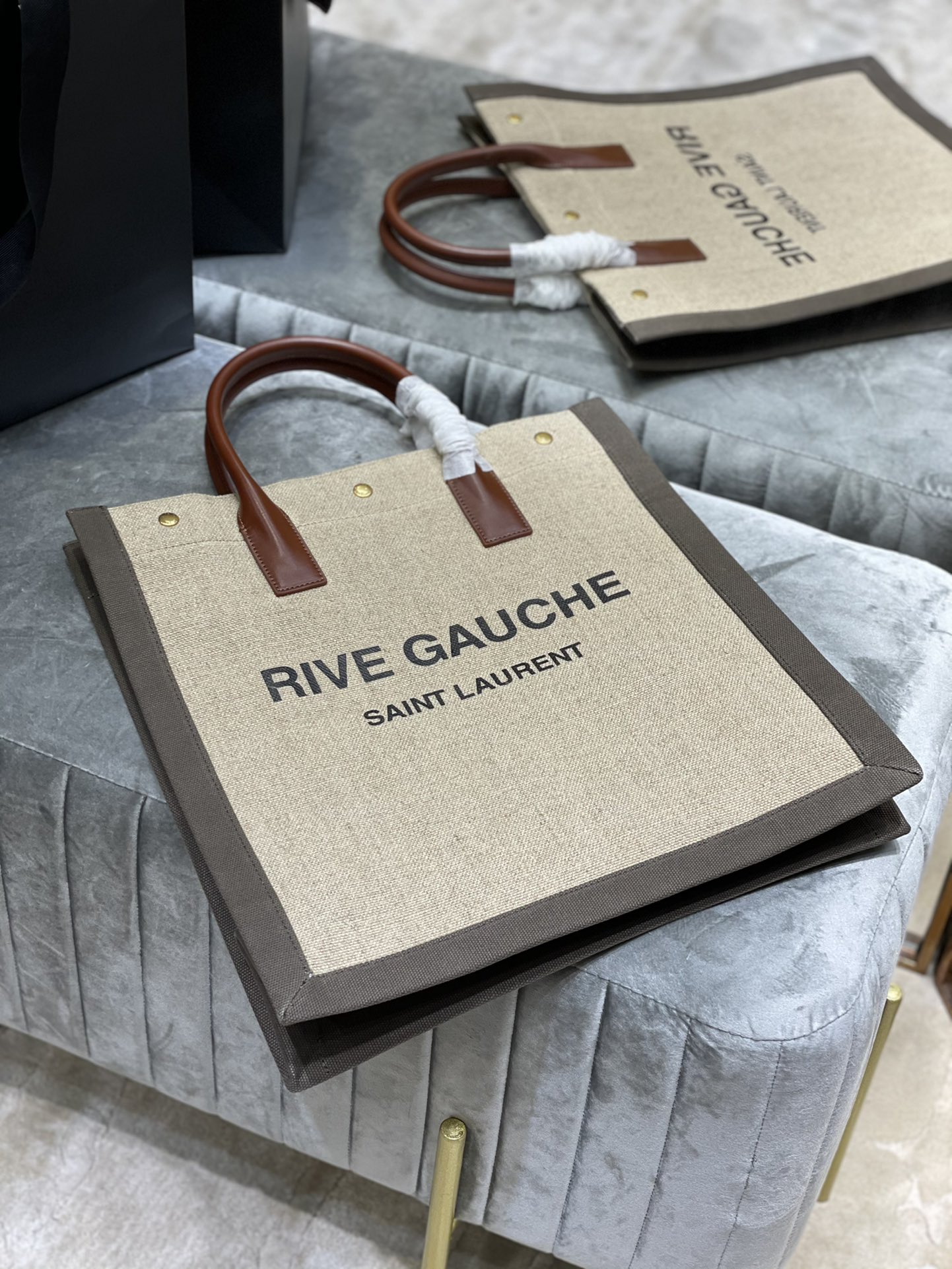 Saint Laurent Rive Gauche North/South Tote Bag In Printed Linen For Women 15.3in/39cm YSL 632539FAABR9083