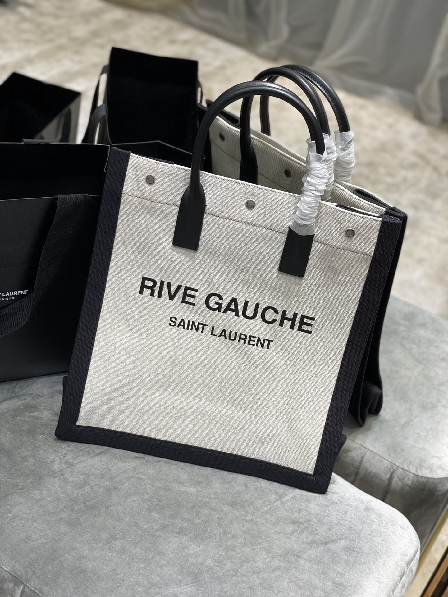 Saint Laurent Rive Gauche North/South Tote Bag In Printed Linen For Women 15.3in/39cm YSL 632539FAABR9083