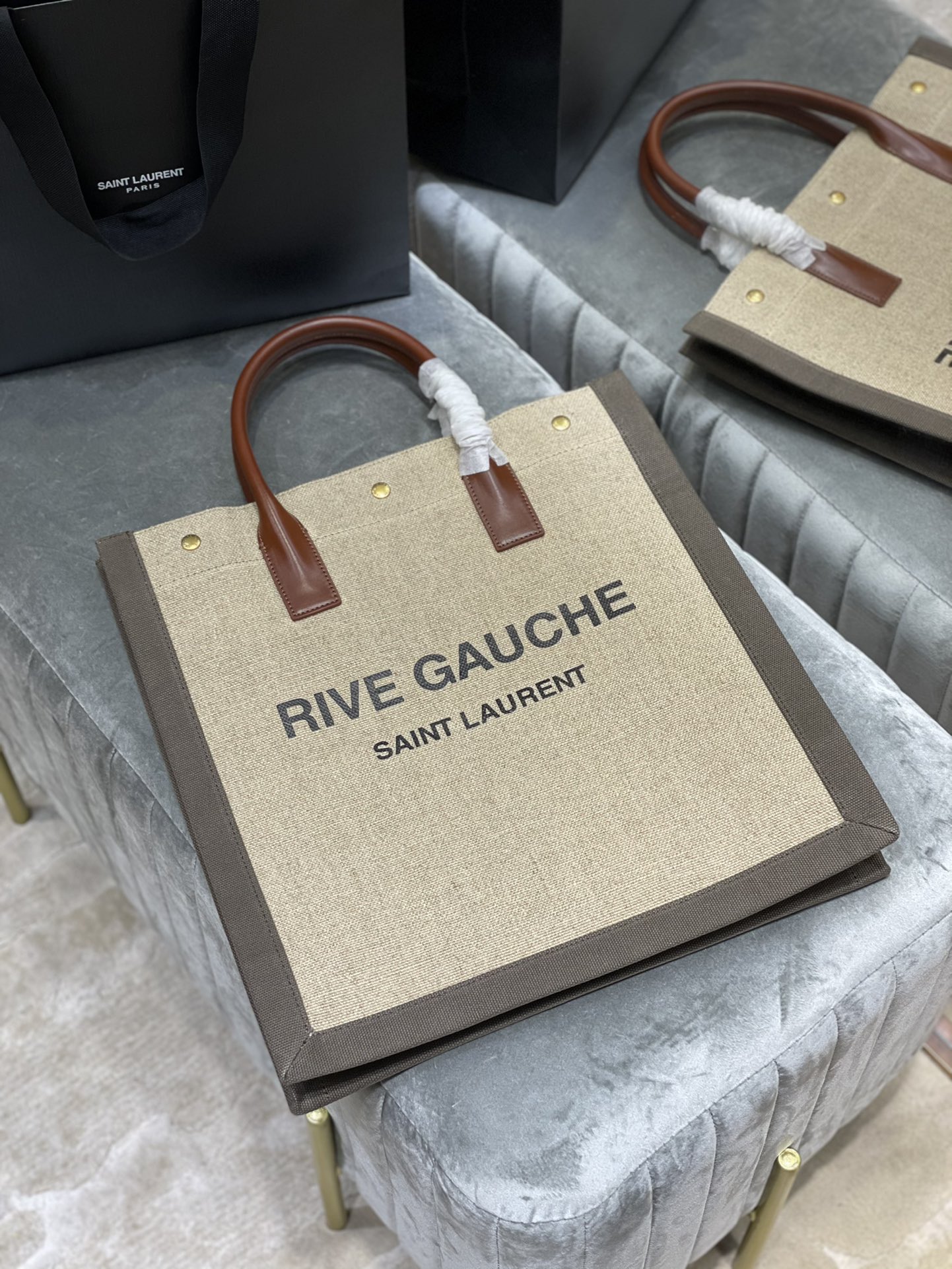 Saint Laurent Rive Gauche North/South Tote Bag In Printed Linen For Women 15.3in/39cm YSL 632539FAABR9083