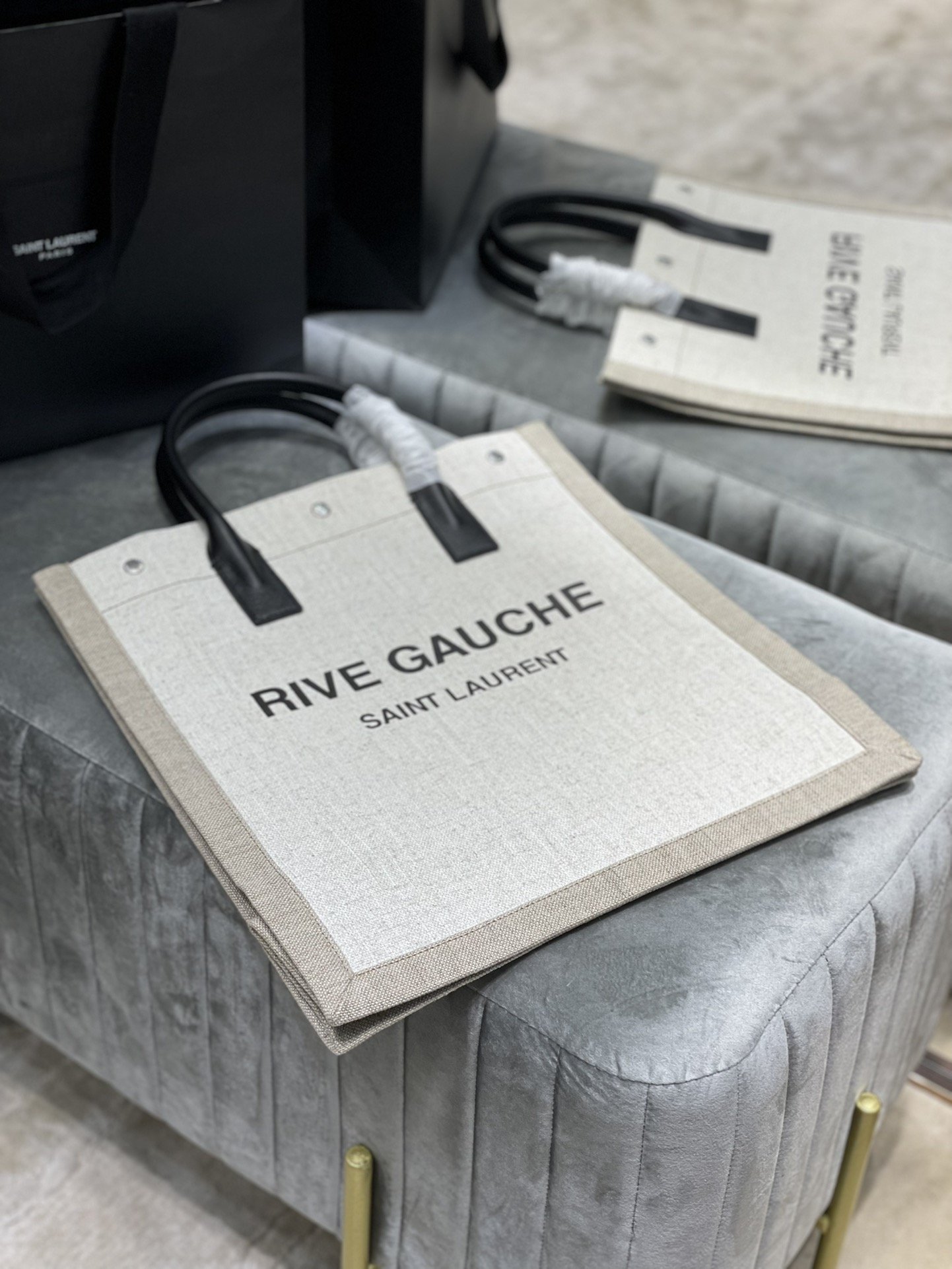 Saint Laurent Rive Gauche North/South Tote Bag In Printed Linen For Women 15.3in/39cm YSL 632539FAABR9083