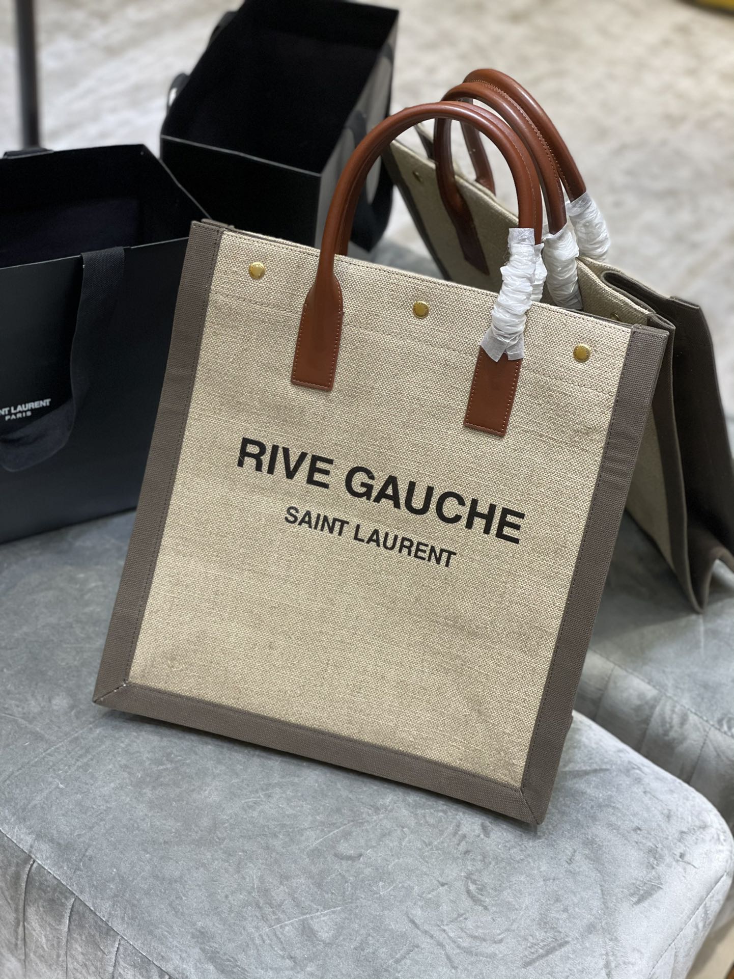 Saint Laurent Rive Gauche North/South Tote Bag In Printed Linen For Women 15.3in/39cm YSL 632539FAABR9083