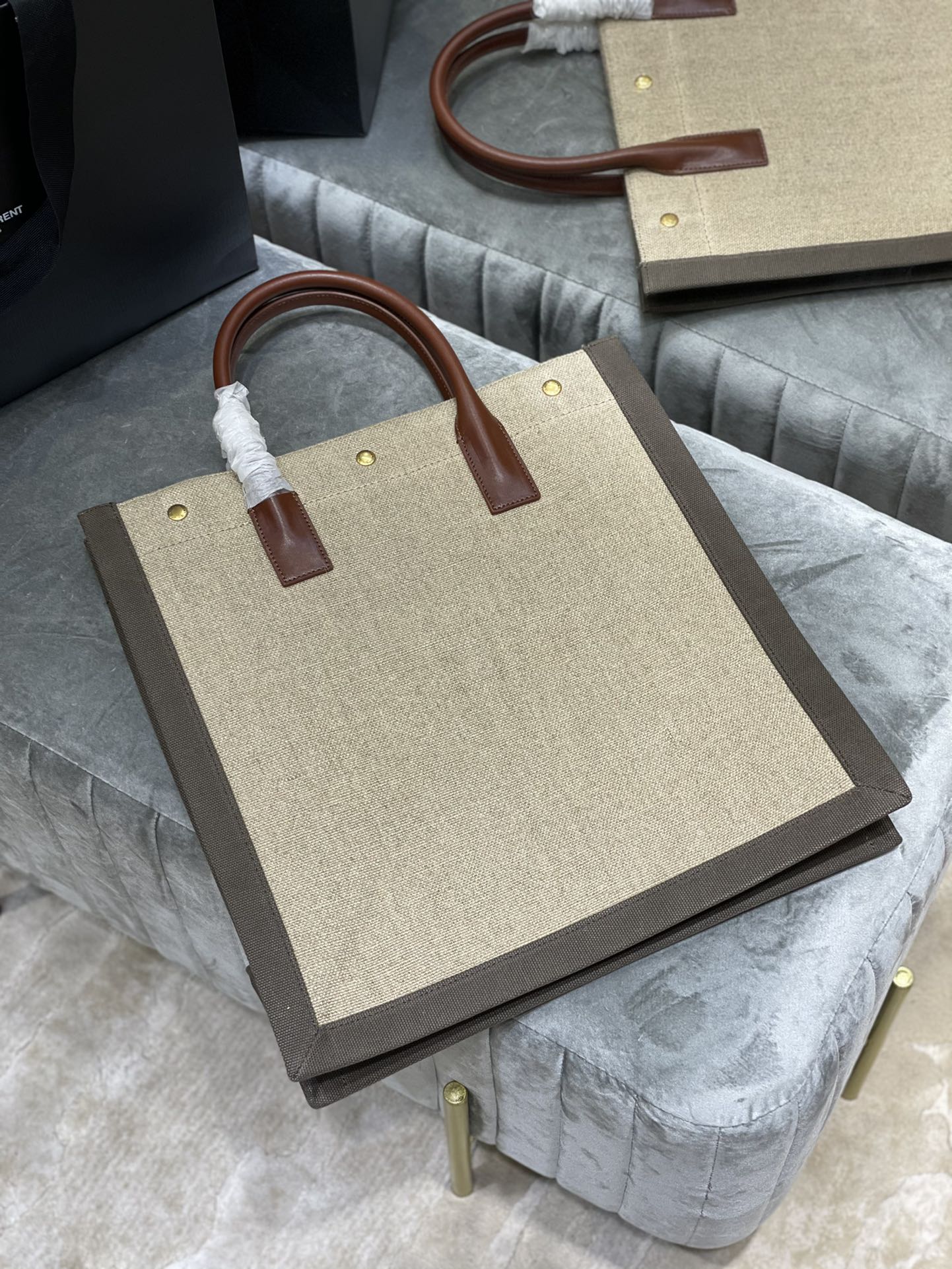 Saint Laurent Rive Gauche North/South Tote Bag In Printed Linen For Women 15.3in/39cm YSL 632539FAABR9083