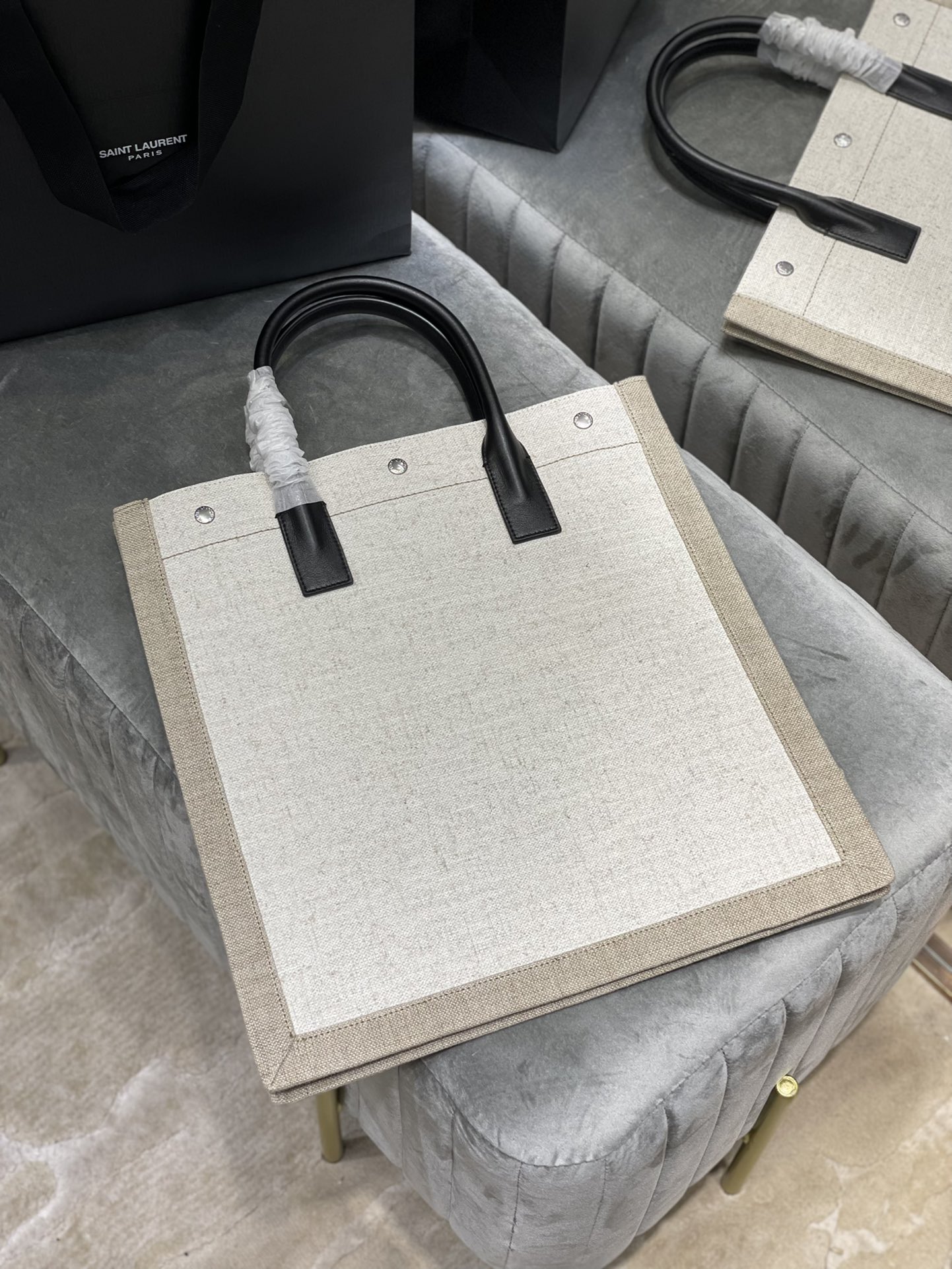 Saint Laurent Rive Gauche North/South Tote Bag In Printed Linen For Women 15.3in/39cm YSL 632539FAABR9083