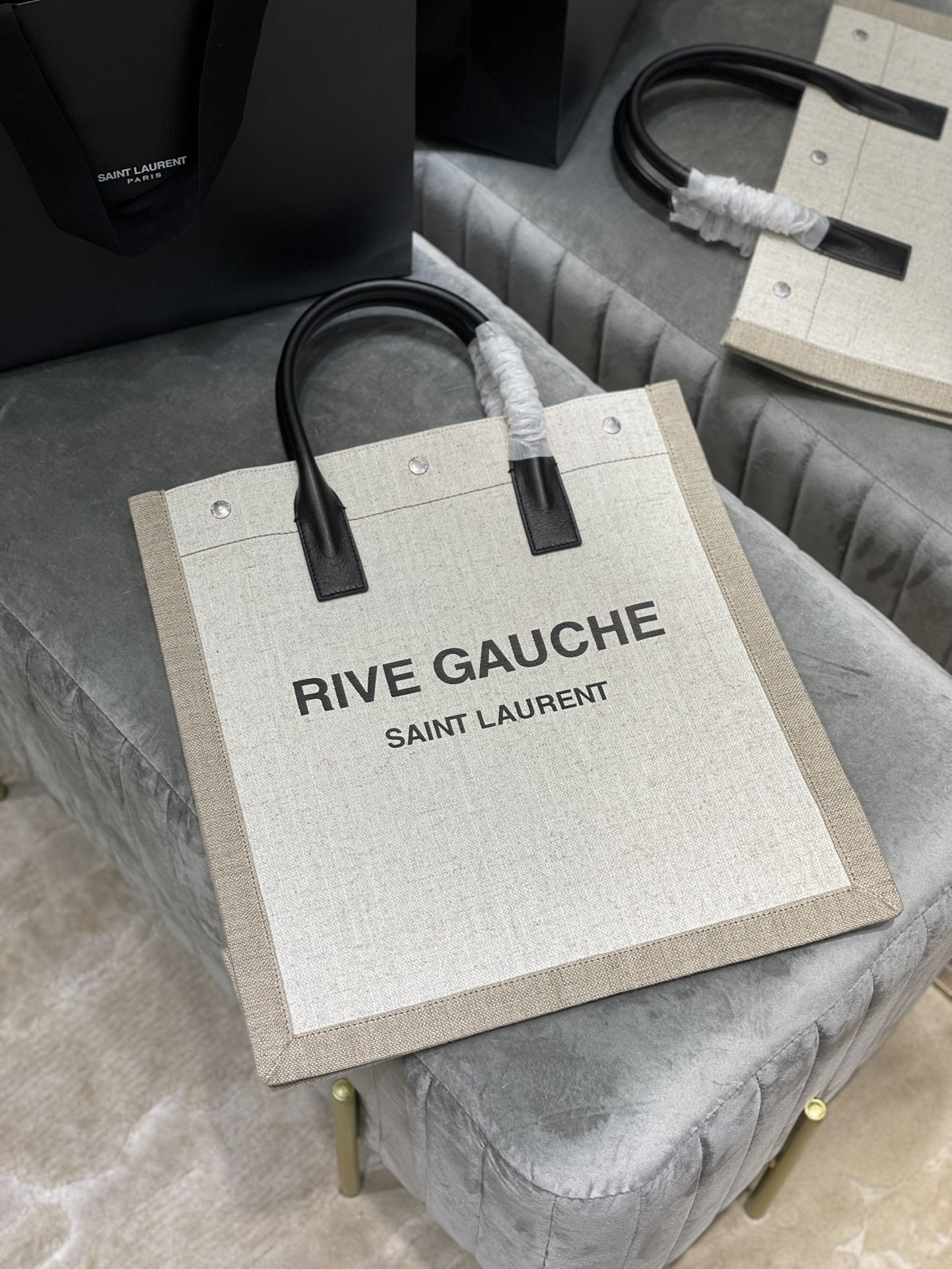 Saint Laurent Rive Gauche North/South Tote Bag In Printed Linen For Women 15.3in/39cm YSL 632539FAABR9083