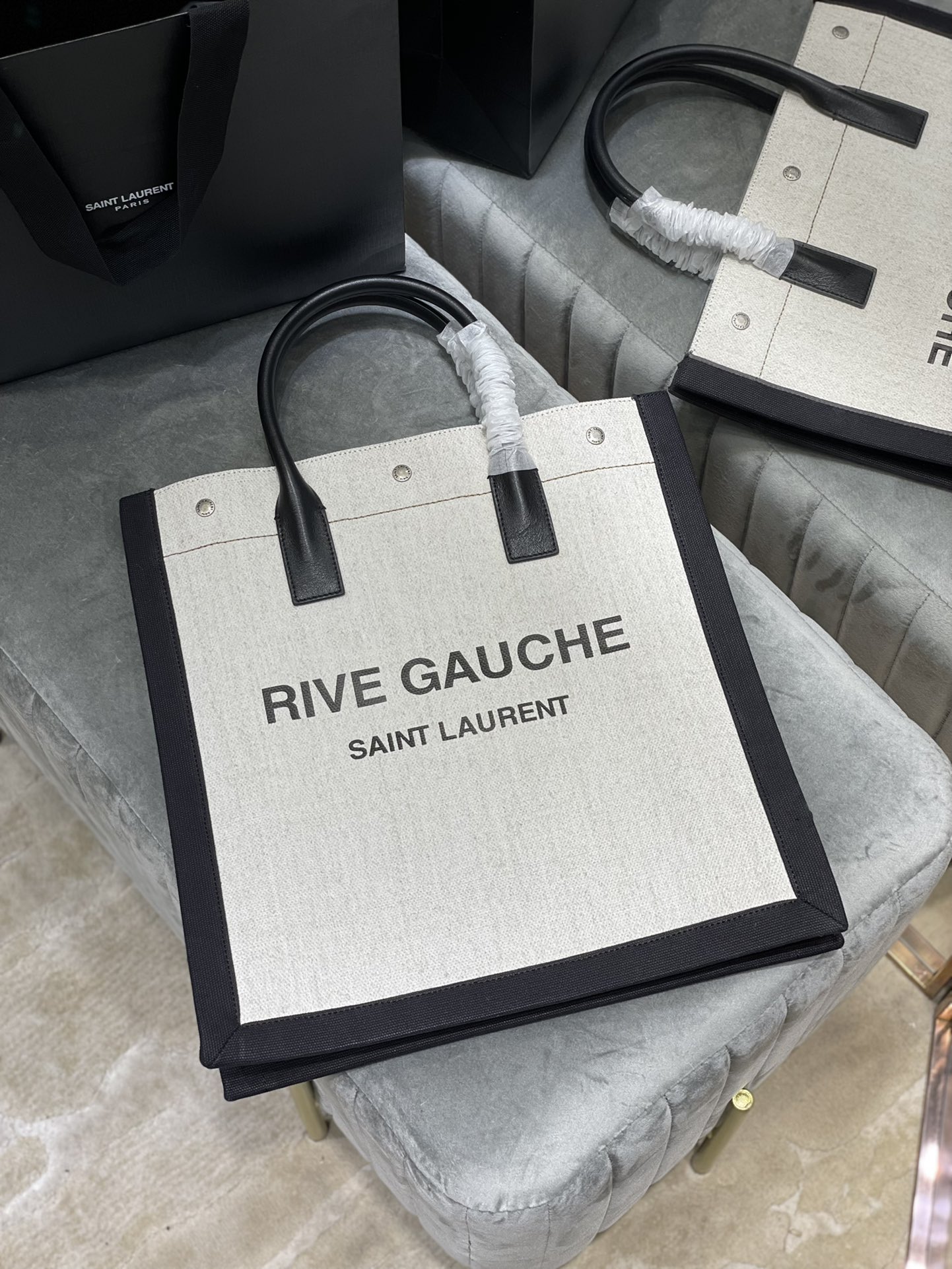 Saint Laurent Rive Gauche North/South Tote Bag In Printed Linen For Women 15.3in/39cm YSL 632539FAABR9083