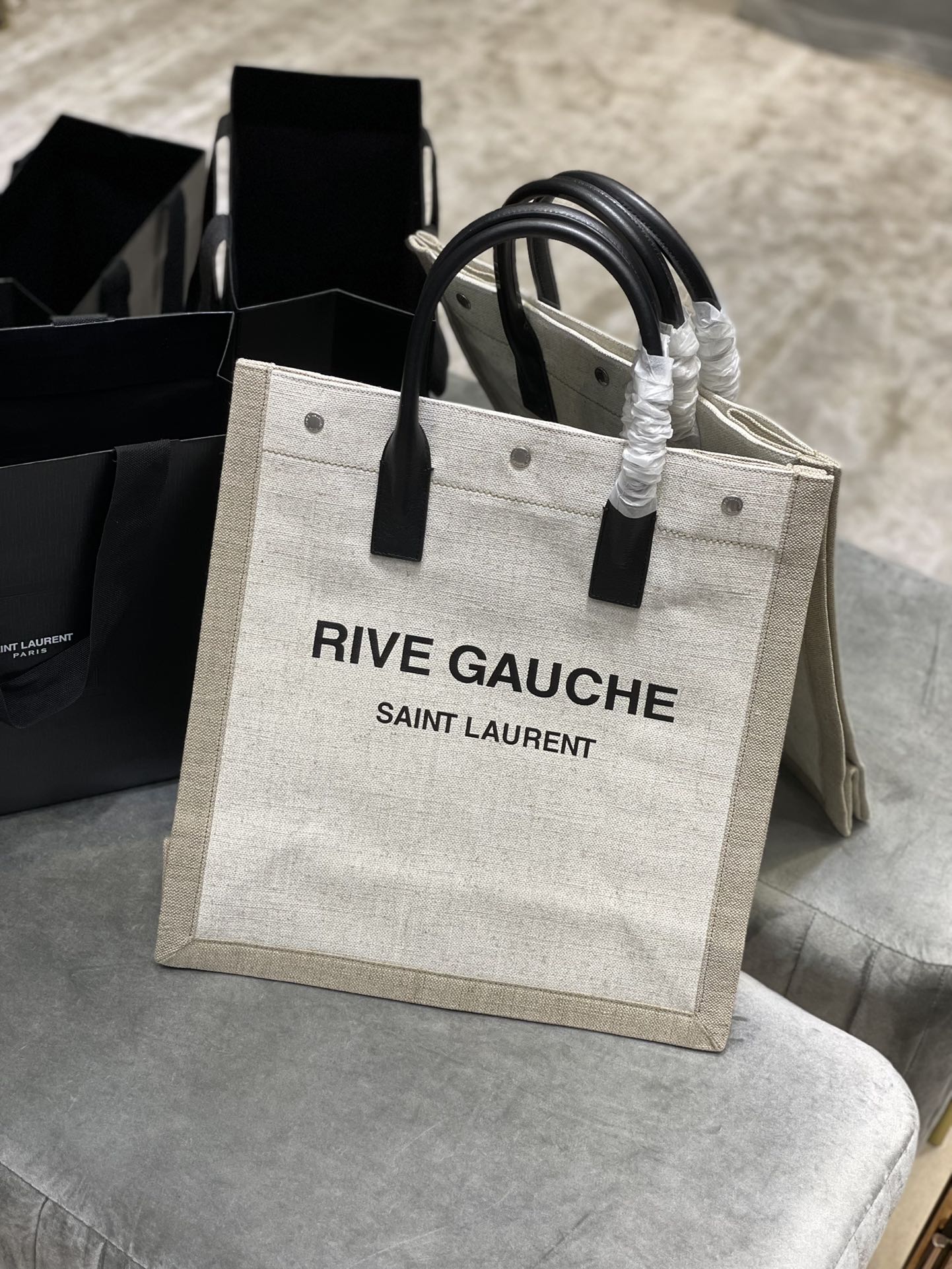 Saint Laurent Rive Gauche North/South Tote Bag In Printed Linen For Women 15.3in/39cm YSL 632539FAABR9083