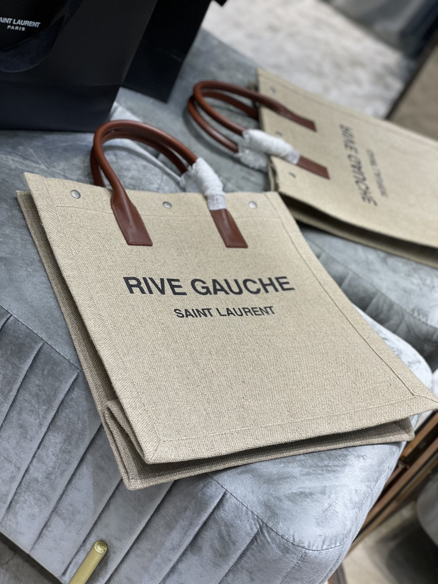 Saint Laurent Rive Gauche North/South Tote Bag In Printed Linen For Women 15.3in/39cm YSL