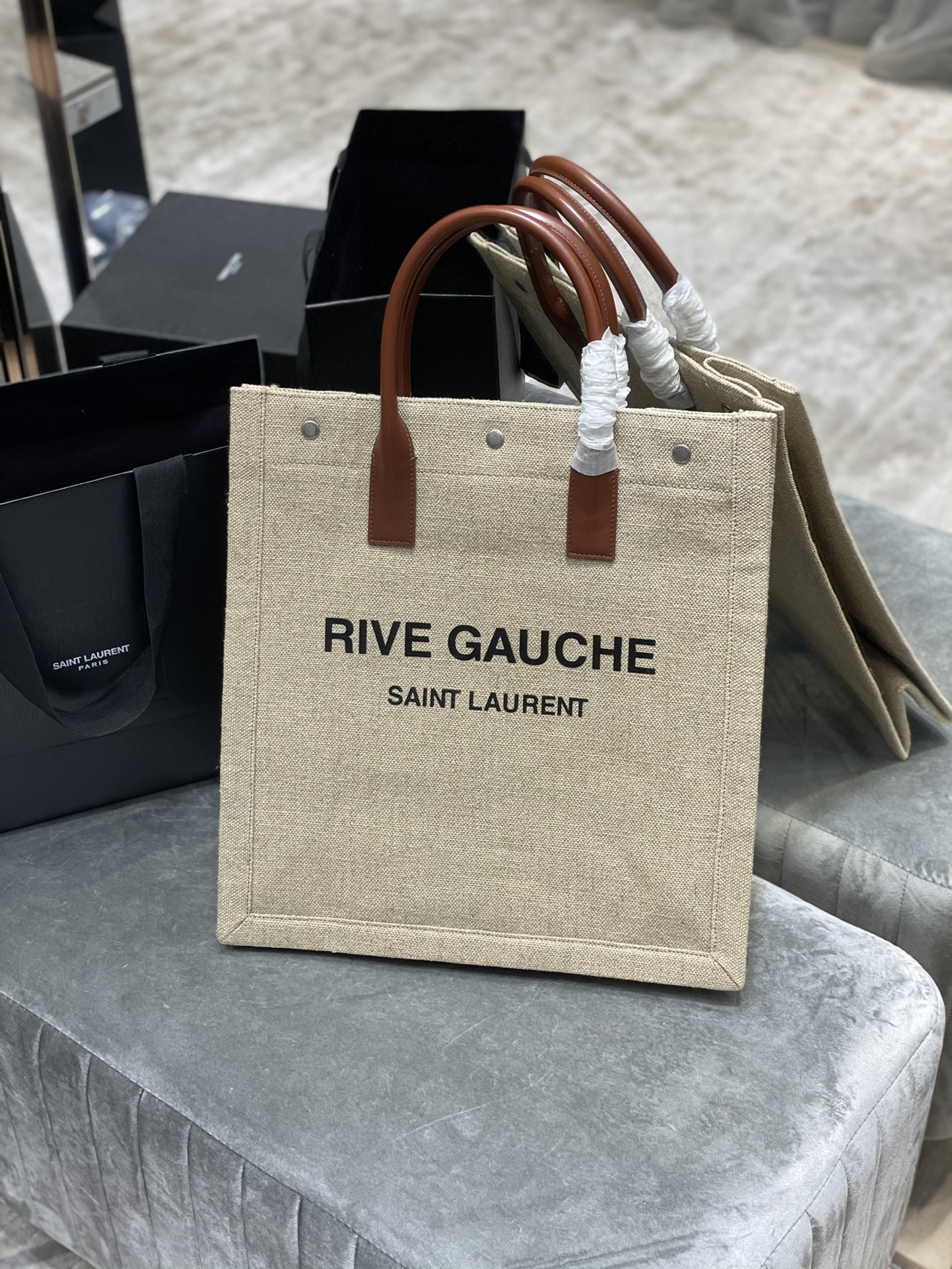 Saint Laurent Rive Gauche North/South Tote Bag In Printed Linen For Women 15.3in/39cm YSL