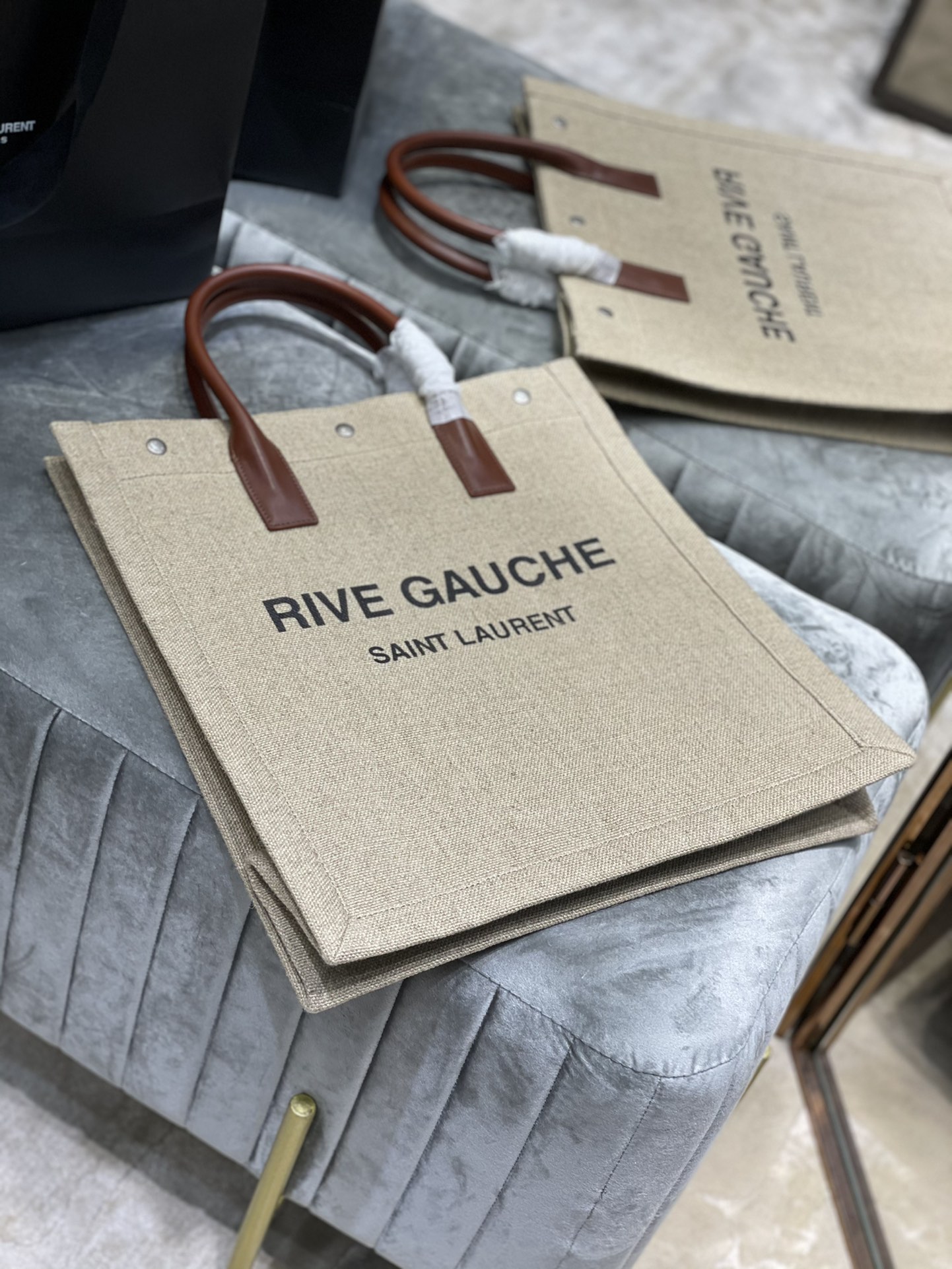 Saint Laurent Rive Gauche North/South Tote Bag In Printed Linen For Women 15.3in/39cm YSL