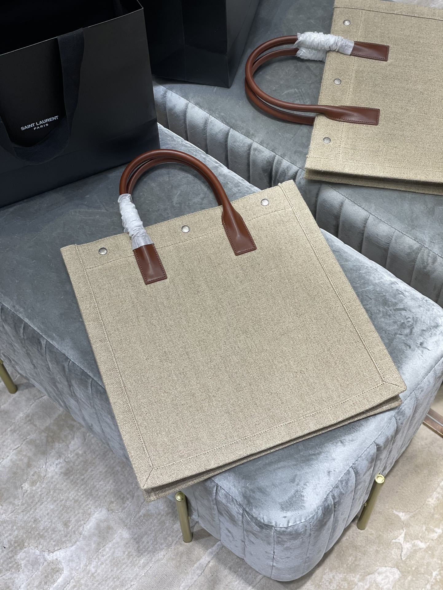 Saint Laurent Rive Gauche North/South Tote Bag In Printed Linen For Women 15.3in/39cm YSL