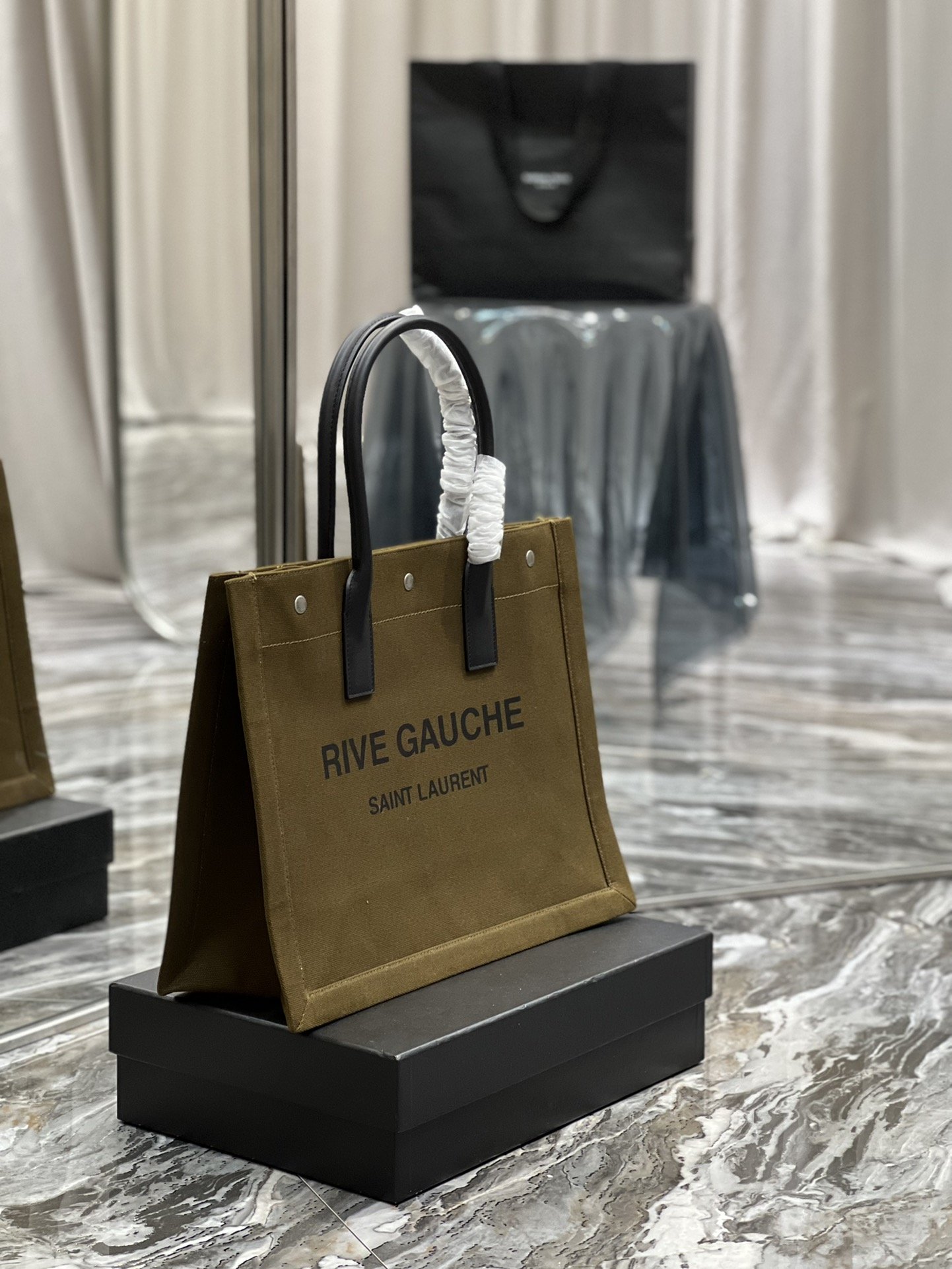 Saint Laurent Rive Gauche Small Tote Bag In Linen Khaki Brown For Women 15.4in/39cm YSL