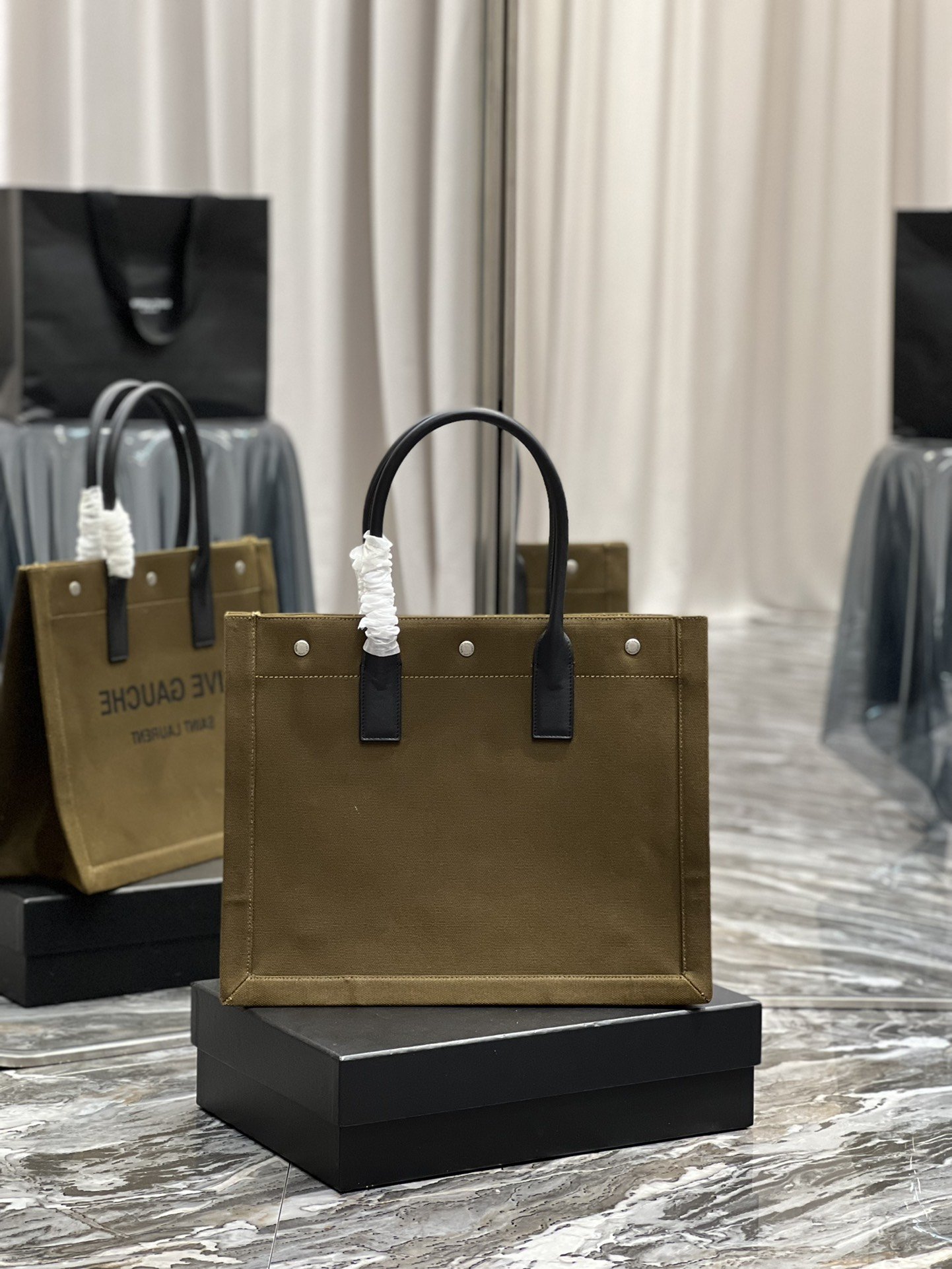 Saint Laurent Rive Gauche Small Tote Bag In Linen Khaki Brown For Women 15.4in/39cm YSL