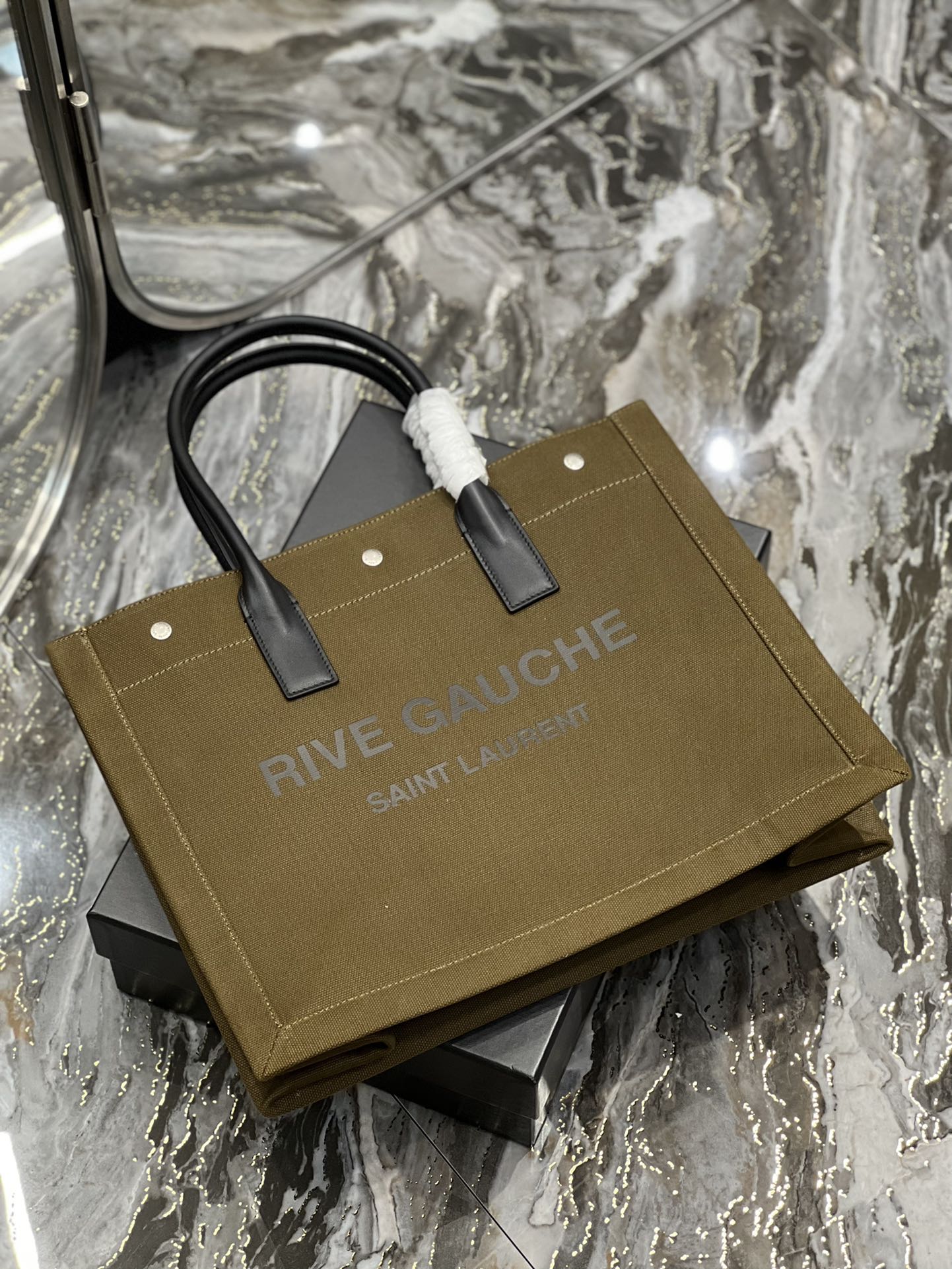 Saint Laurent Rive Gauche Small Tote Bag In Linen Khaki Brown For Women 15.4in/39cm YSL