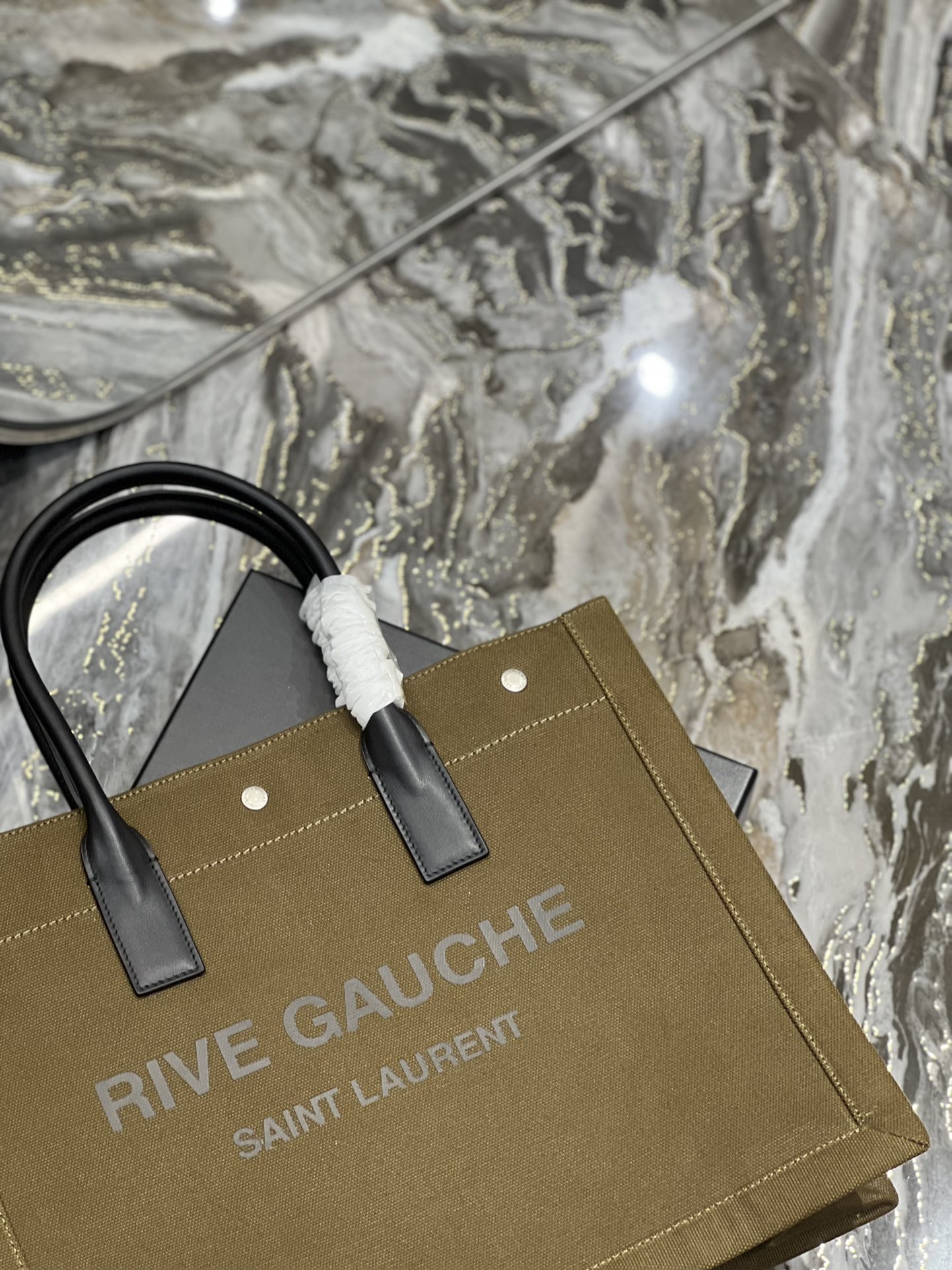 Saint Laurent Rive Gauche Small Tote Bag In Linen Khaki Brown For Women 15.4in/39cm YSL