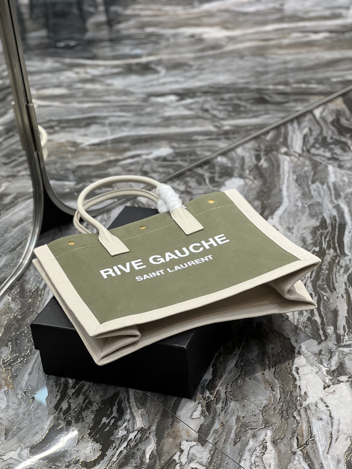 Saint Laurent Rive Gauche Small Tote Bag In Linen Military Green For Women 15.4in/39cm YSL 617481FAADI3281