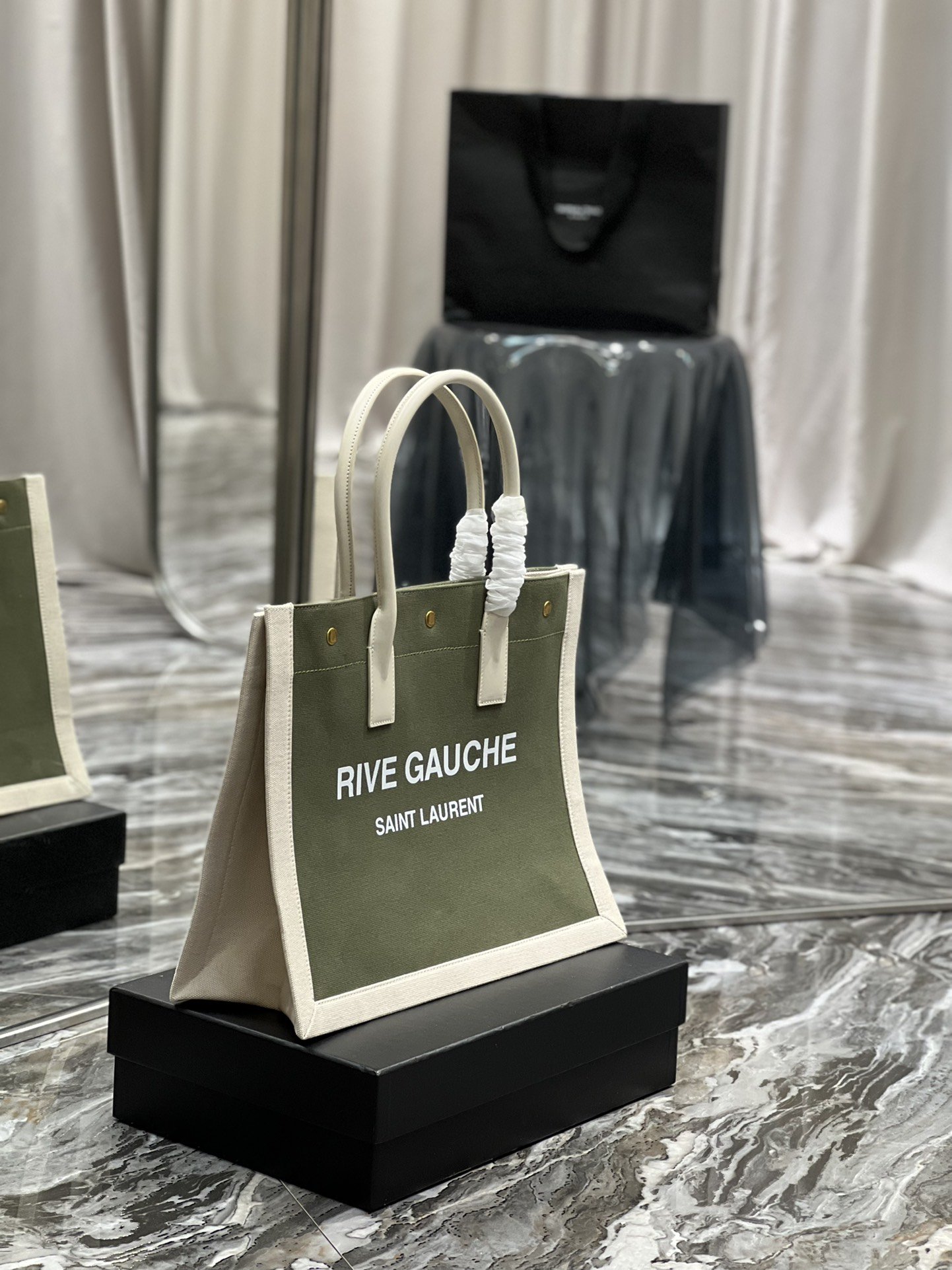 Saint Laurent Rive Gauche Small Tote Bag In Linen Military Green For Women 15.4in/39cm YSL 617481FAADI3281
