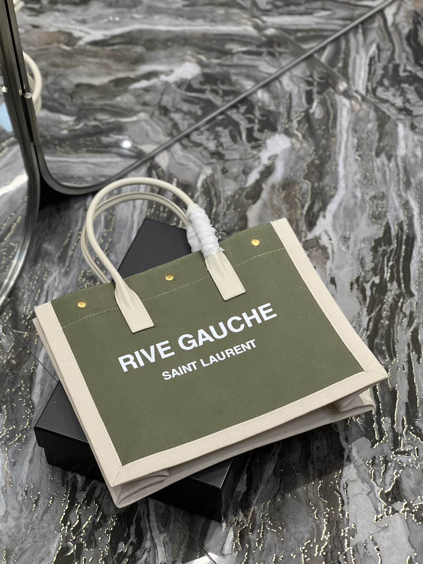 Saint Laurent Rive Gauche Small Tote Bag In Linen Military Green For Women 15.4in/39cm YSL 617481FAADI3281
