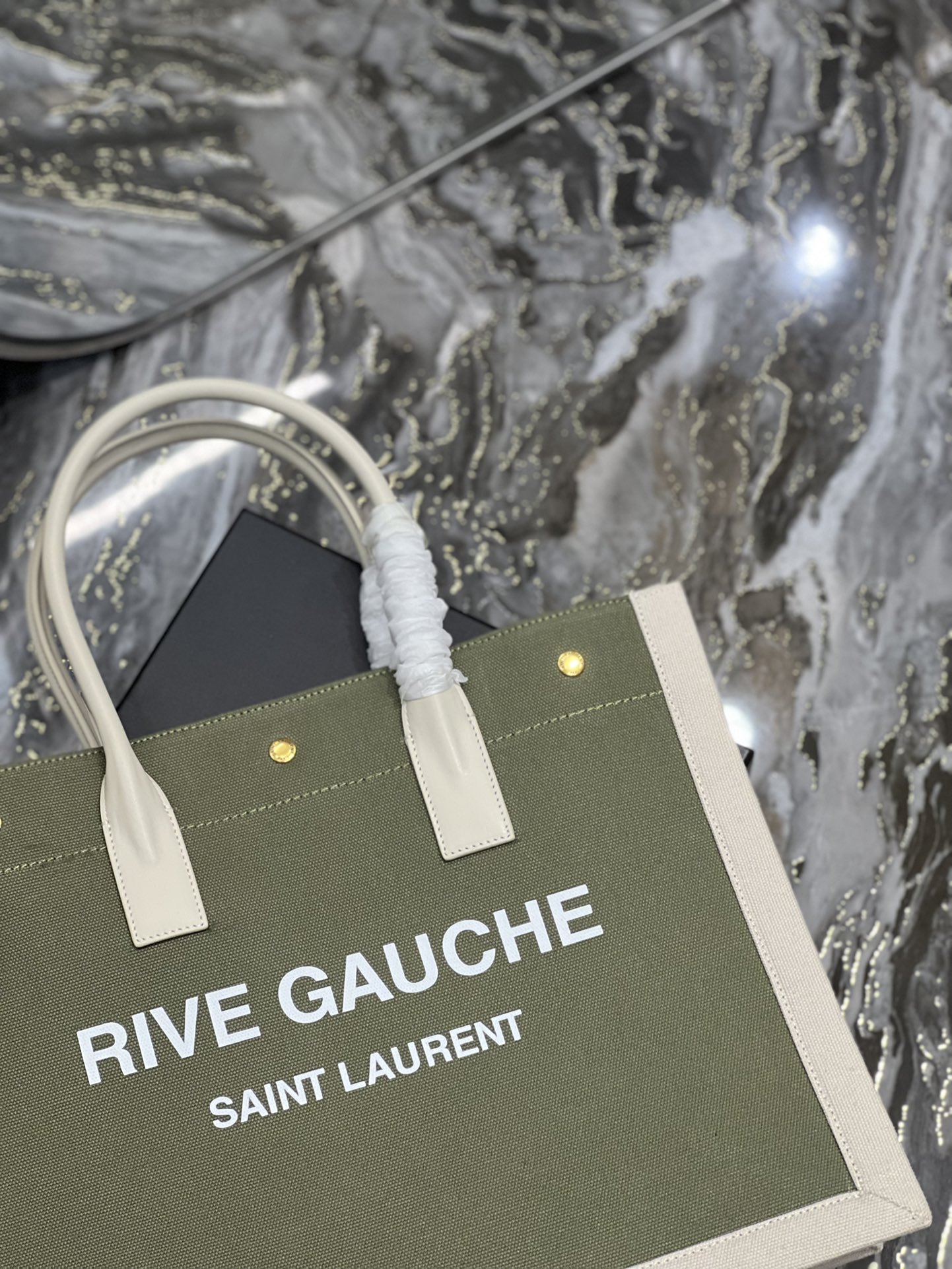 Saint Laurent Rive Gauche Small Tote Bag In Linen Military Green For Women 15.4in/39cm YSL 617481FAADI3281