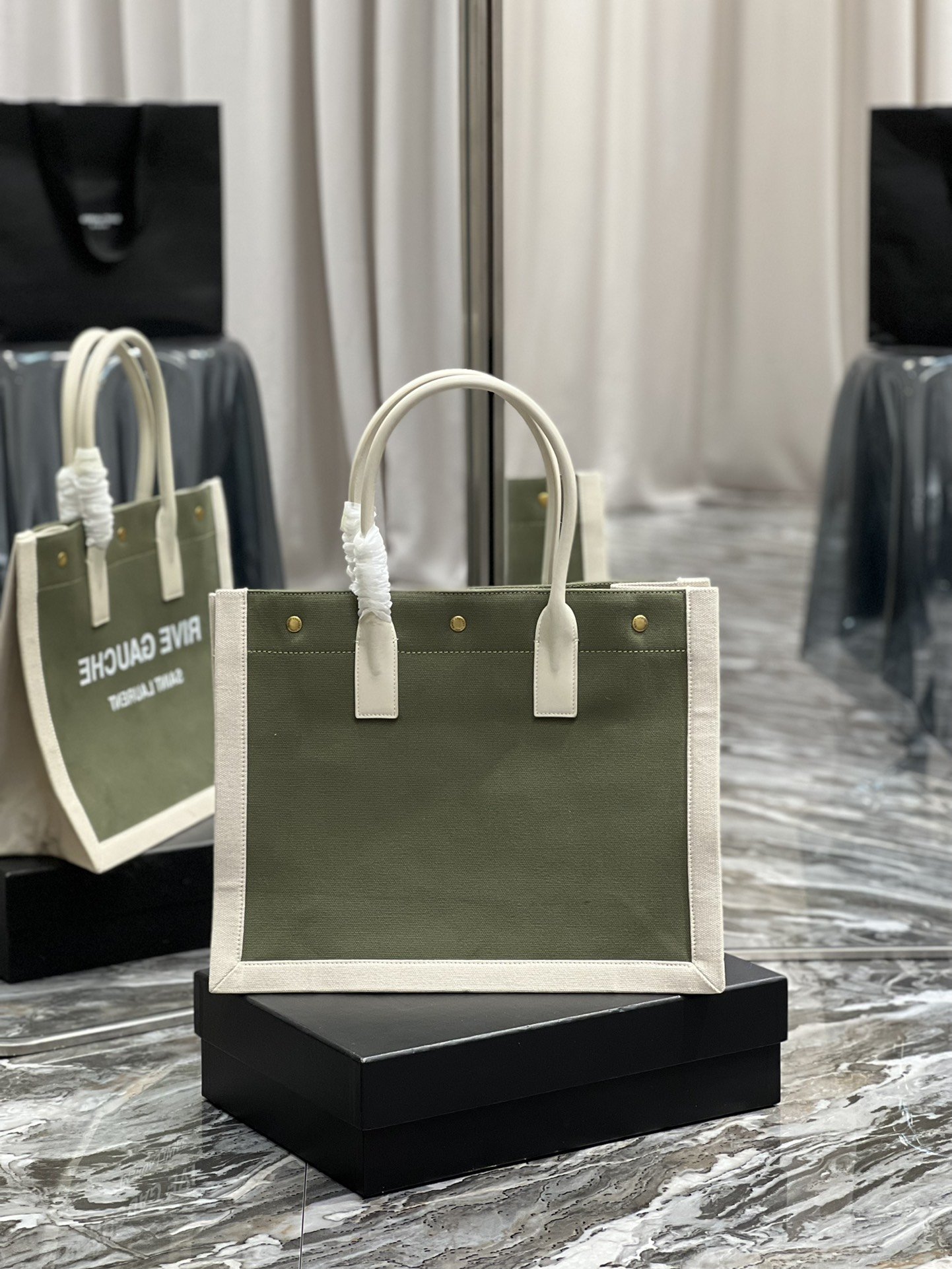 Saint Laurent Rive Gauche Small Tote Bag In Linen Military Green For Women 15.4in/39cm YSL 617481FAADI3281