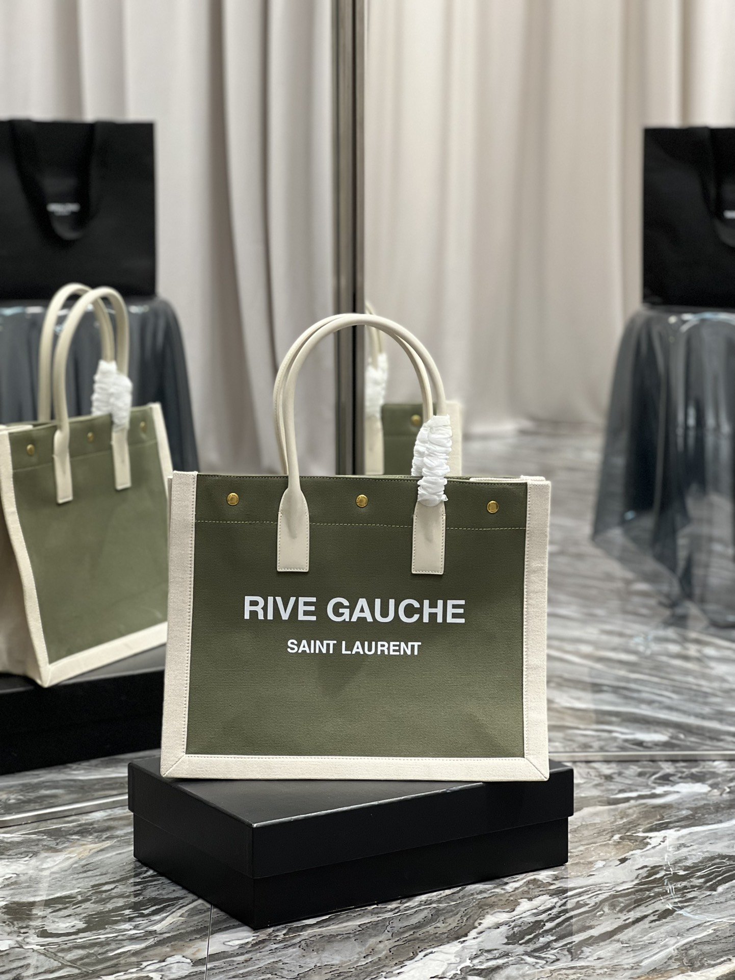 Saint Laurent Rive Gauche Small Tote Bag In Linen Military Green For Women 15.4in/39cm YSL 617481FAADI3281