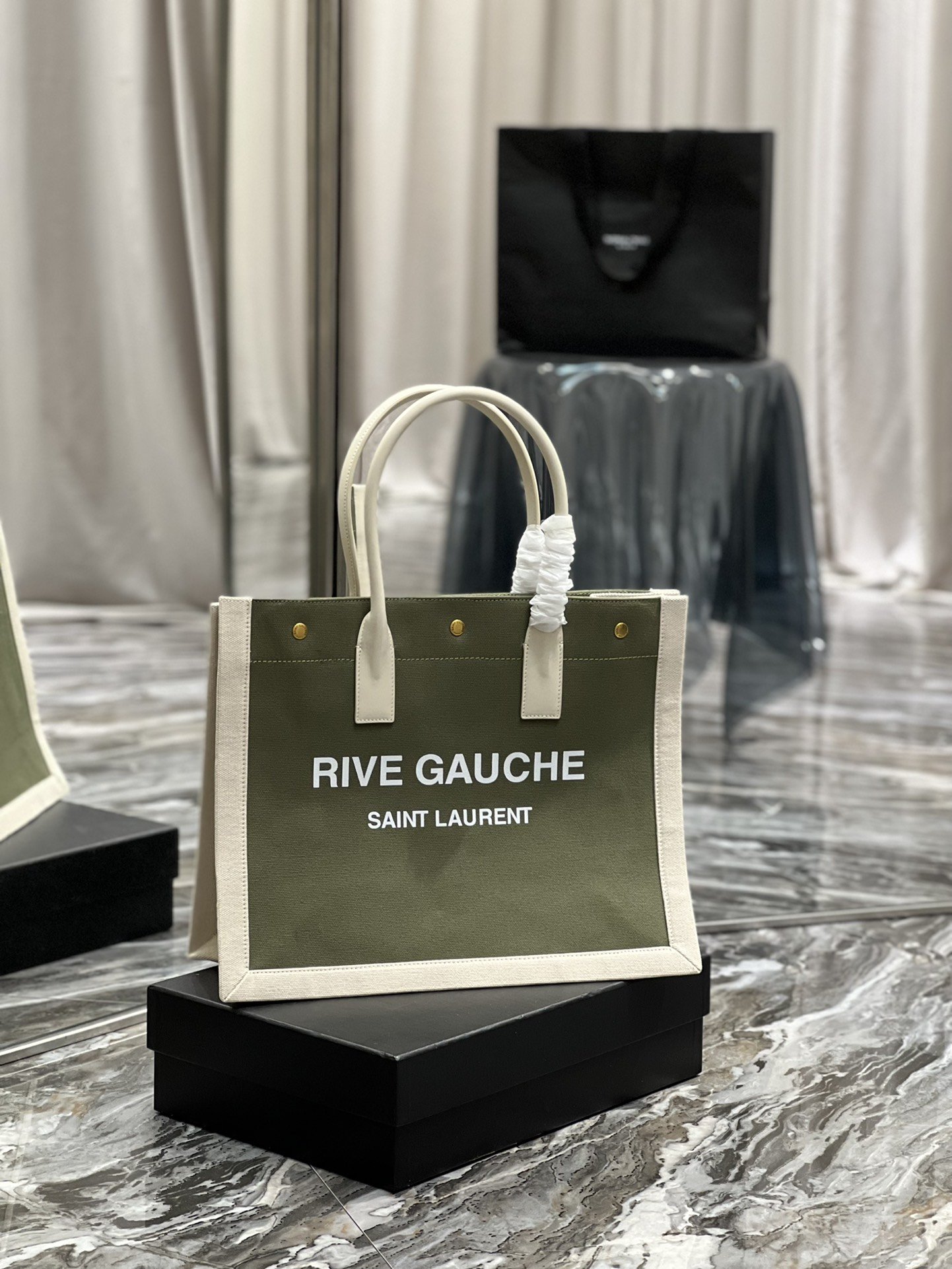 Saint Laurent Rive Gauche Small Tote Bag In Linen Military Green For Women 15.4in/39cm YSL 617481FAADI3281