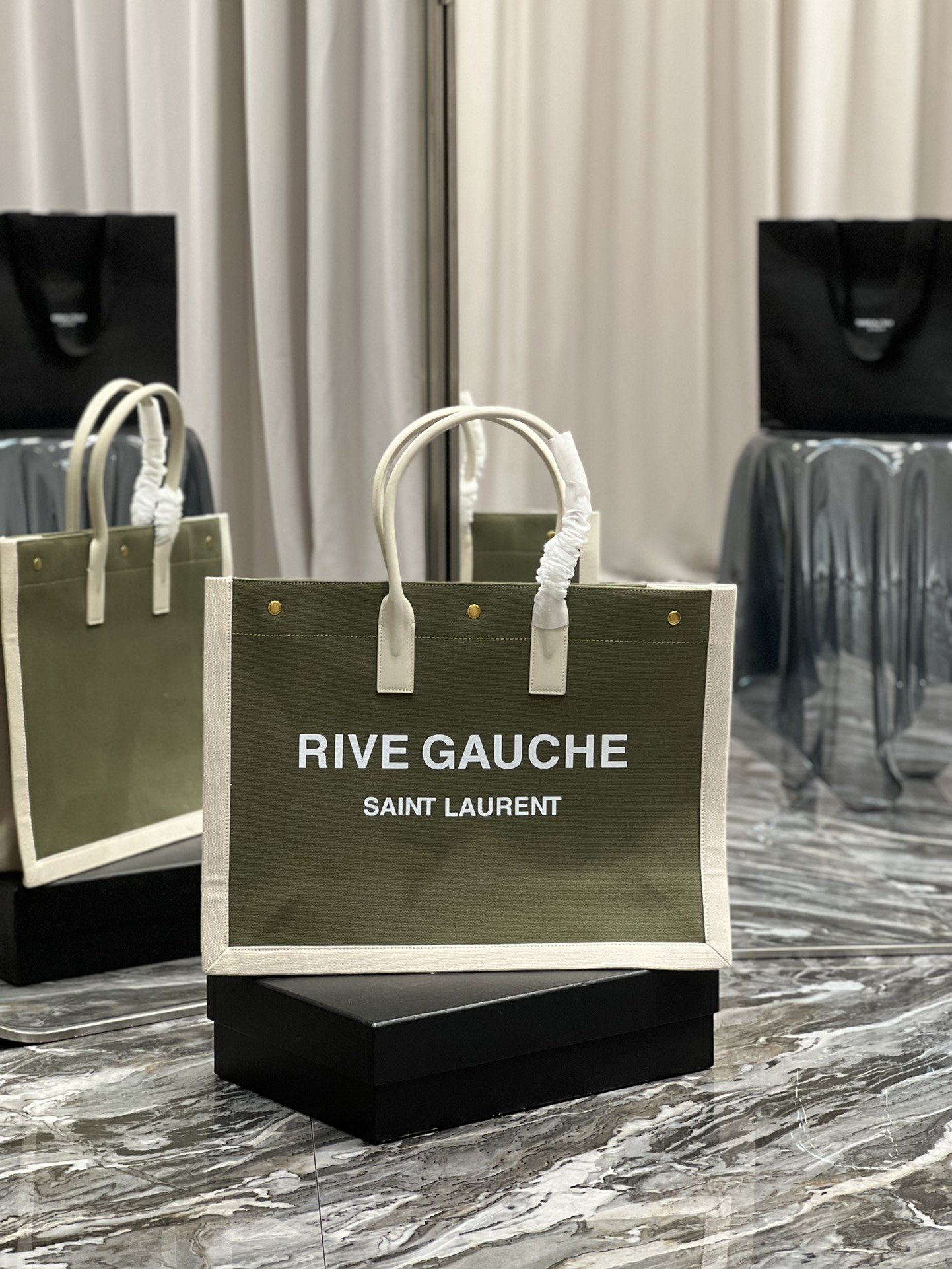 Saint Laurent Rive Gauche Tote Bag In Military Green For Women 18.9in/48cm YSL