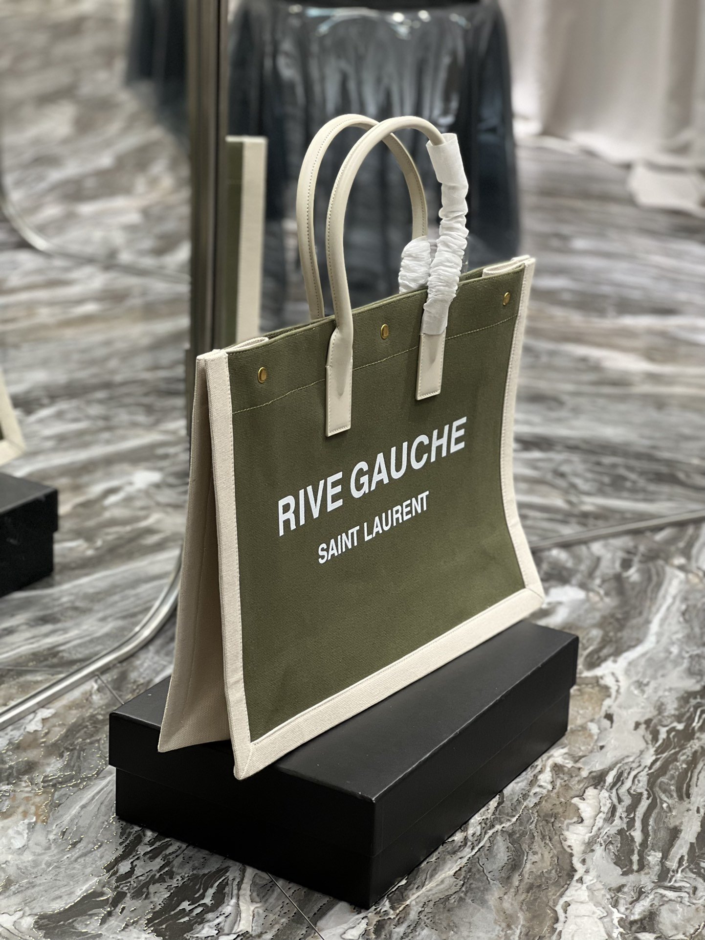 Saint Laurent Rive Gauche Tote Bag In Military Green For Women 18.9in/48cm YSL