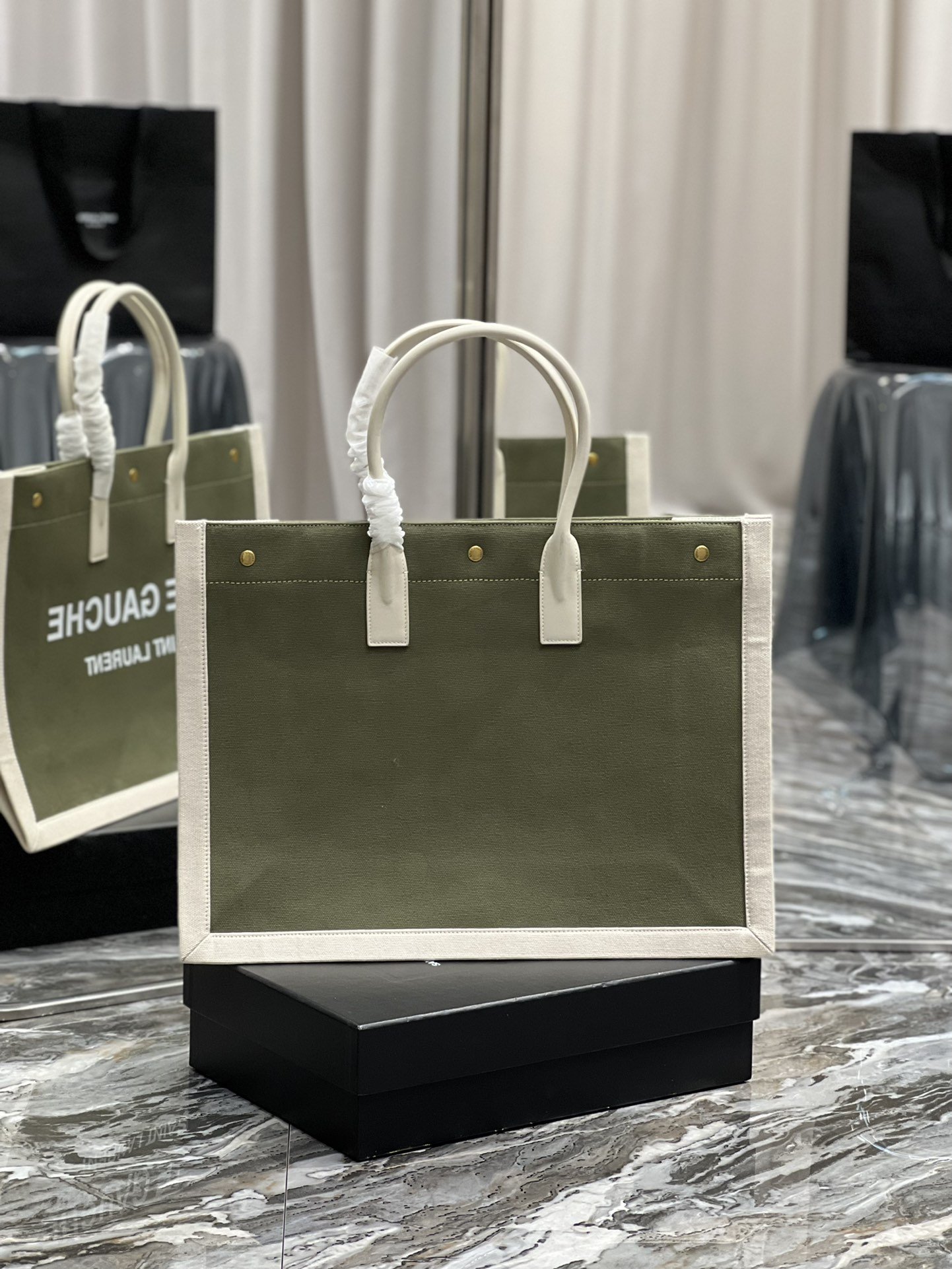 Saint Laurent Rive Gauche Tote Bag In Military Green For Women 18.9in/48cm YSL