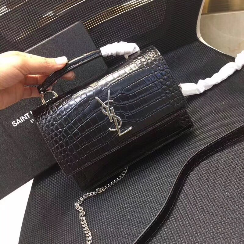 Saint Laurent Sunset Chain Wallet  In-Embossed Black For Women 8.2in/21cm YSL