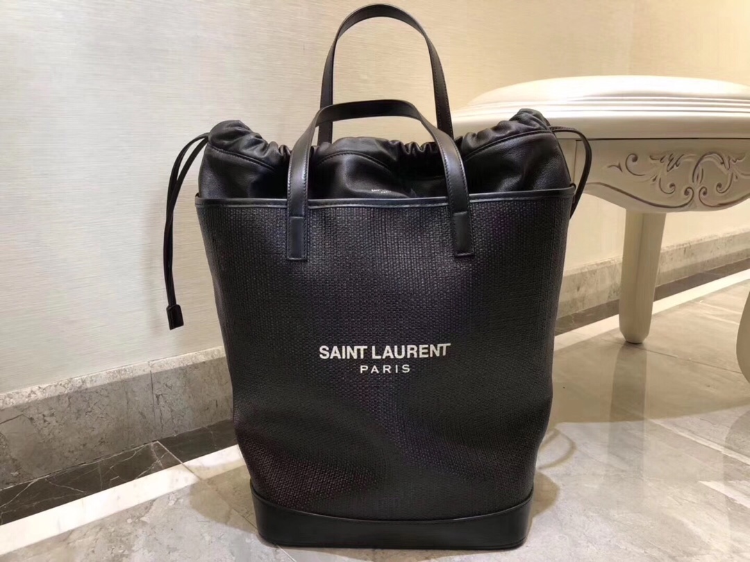 Saint Laurent Teddy Medium Canvas Handle Bucket Tote Bag Black For Women 13in/33cm YSL 551595 96W1E 1000