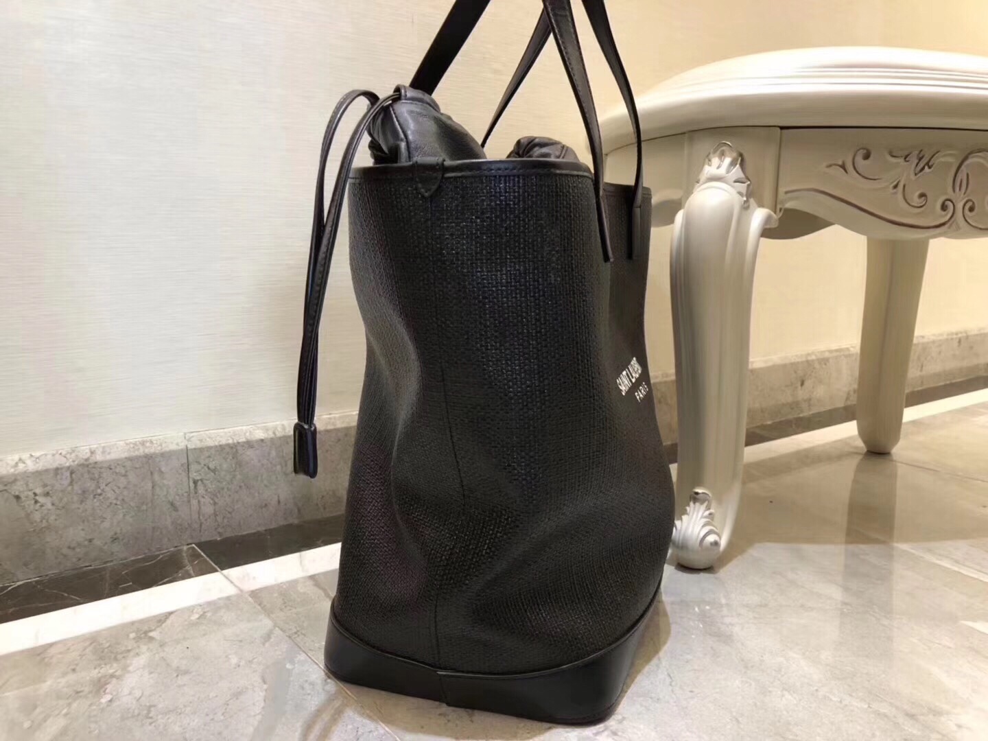 Saint Laurent Teddy Medium Canvas Handle Bucket Tote Bag Black For Women 13in/33cm YSL 551595 96W1E 1000