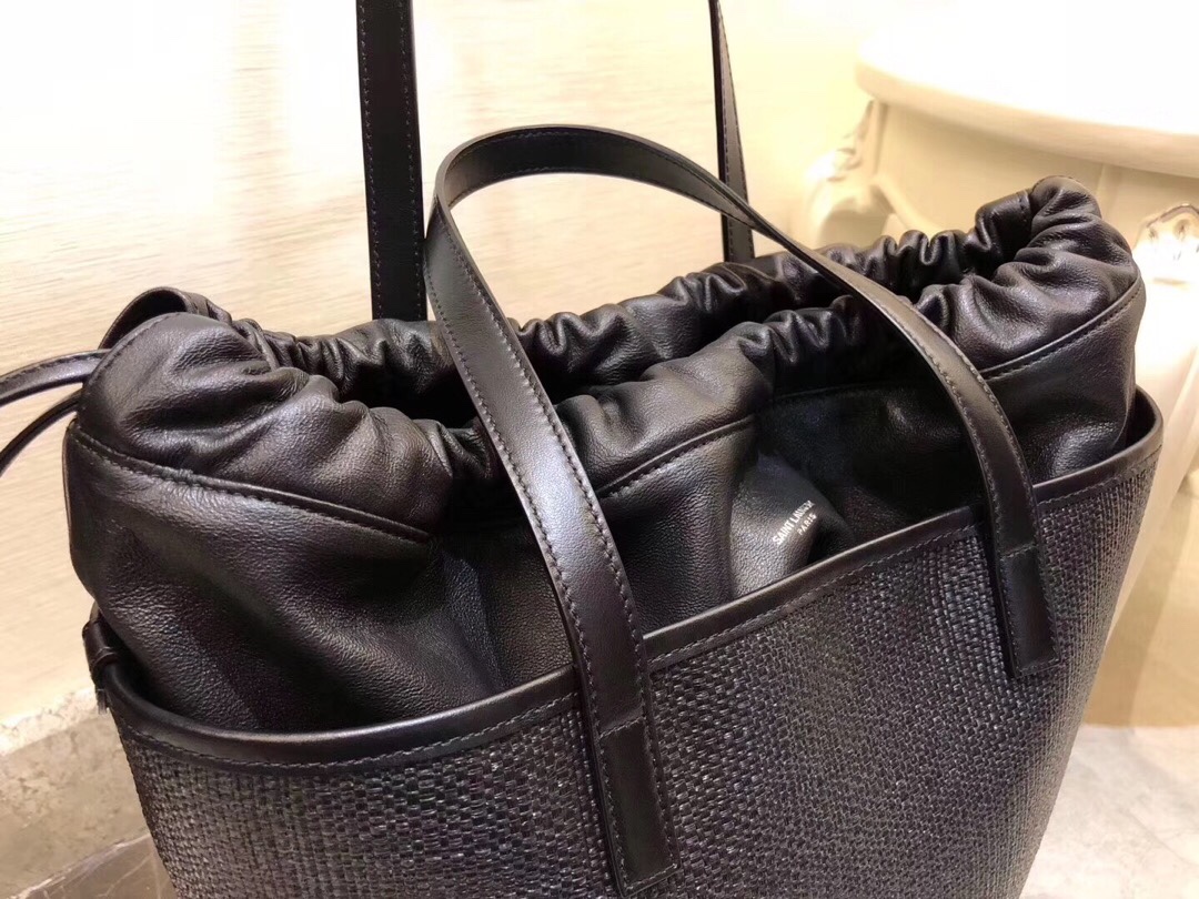Saint Laurent Teddy Medium Canvas Handle Bucket Tote Bag Black For Women 13in/33cm YSL 551595 96W1E 1000
