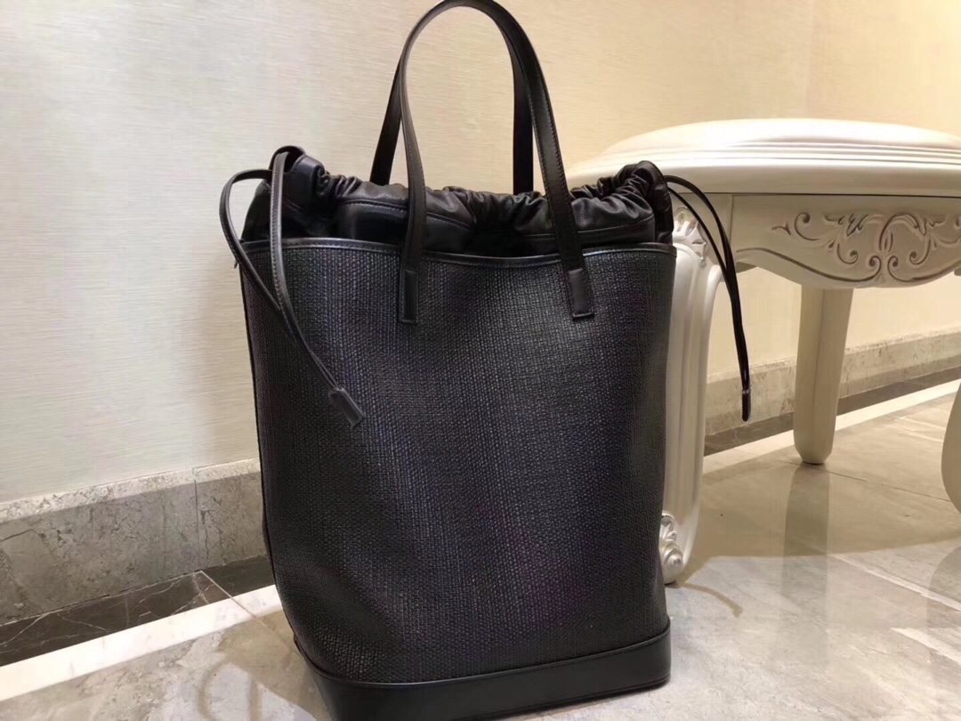 Saint Laurent Teddy Medium Canvas Handle Bucket Tote Bag Black For Women 13in/33cm YSL 551595 96W1E 1000