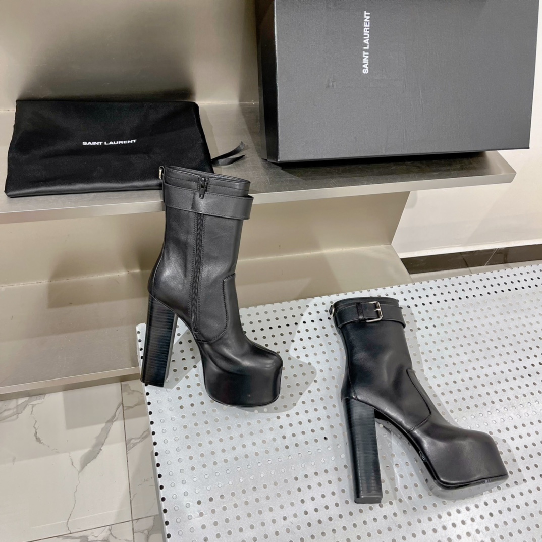 Saint Laurent Women’s Cherry Buckle Platform Booties Black For Women YSL 6876621Y8001000