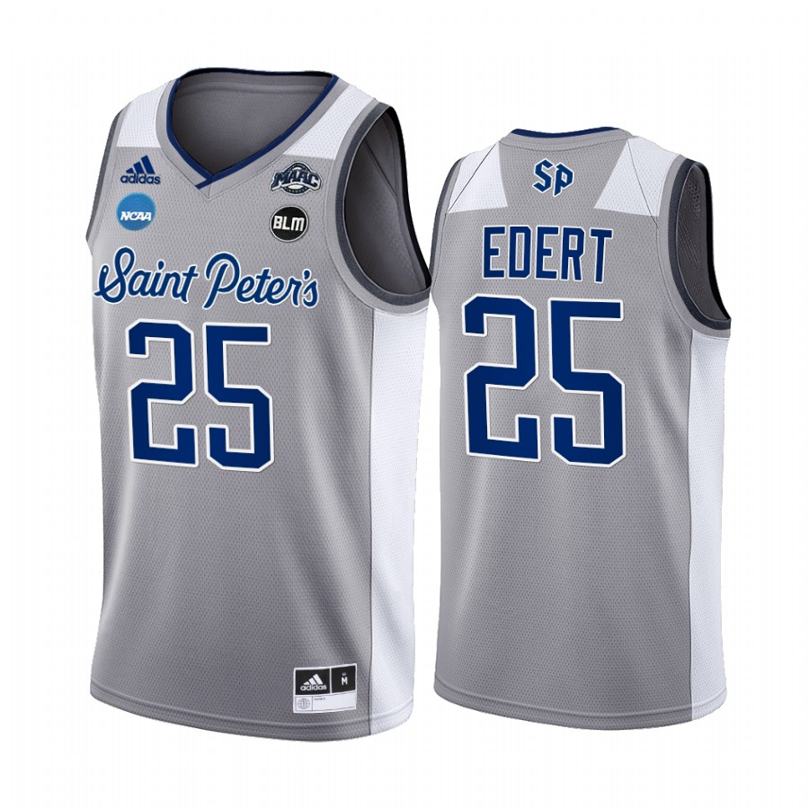 Saint Peter's Peacocks Doug Edert Jersey 2022 NCAA March Madness Grey Sweet 16 Uniform