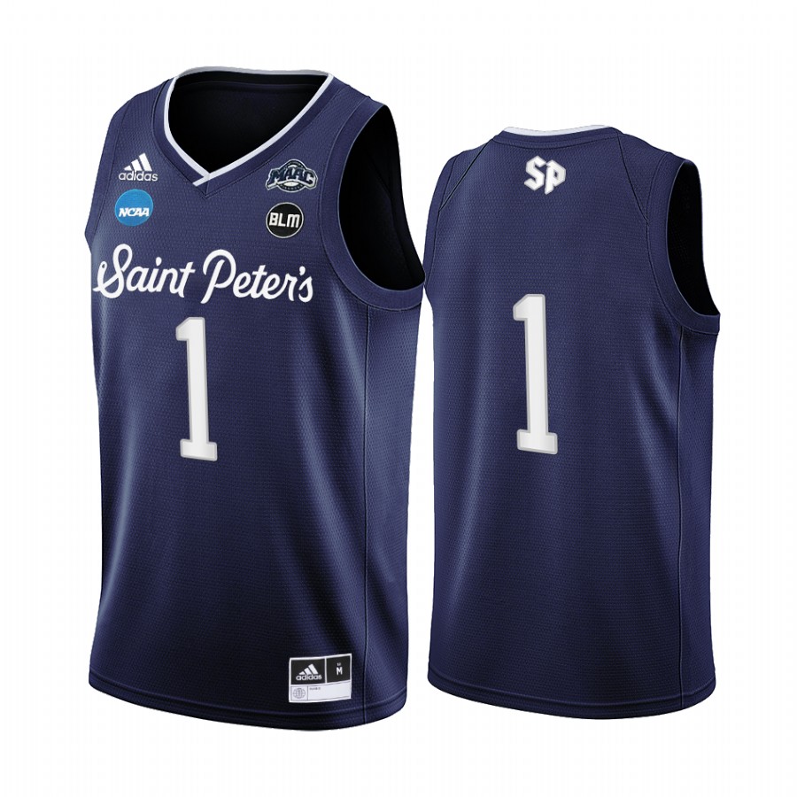 Saint Peter's Peacocks Jersey 2022 NCAA March Madness Navy BLM Uniform
