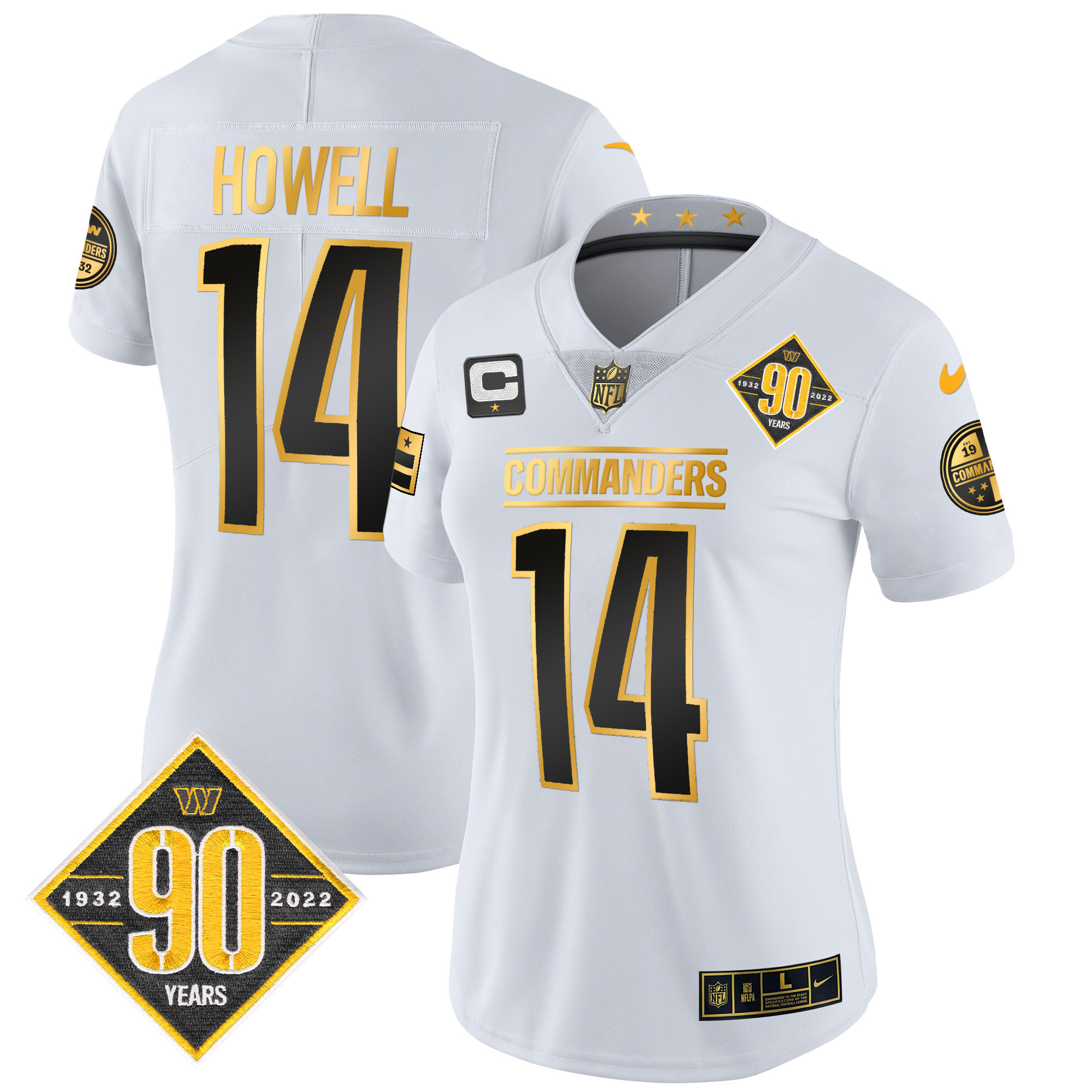 Sam Howell Women's Washington Commanders 90th Anniversary Patch Gold Vapor White Gold Jersey - All Stitched 