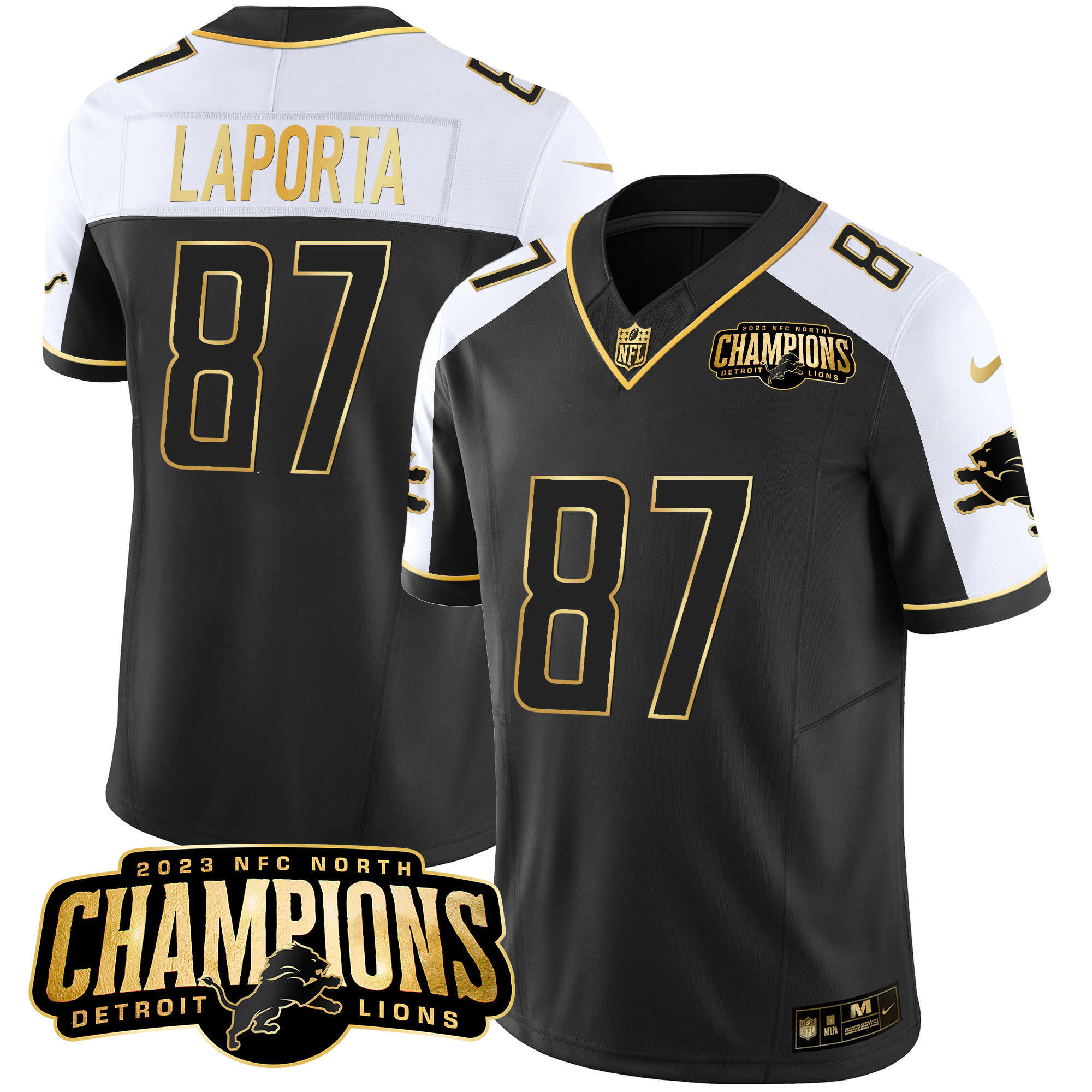 Sam Laporta Men's Detroit Lions 2023 NFC North Champions Patch Gold Vapor Alternate Jersey - All Stitched 