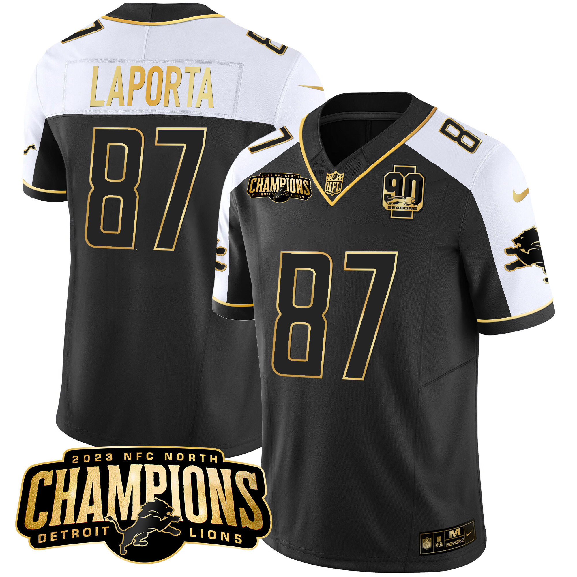 Sam Laporta Men's Detroit Lions 2023 NFC North Champions Patch Gold Vapor Alternate Jersey - All Stitched 
