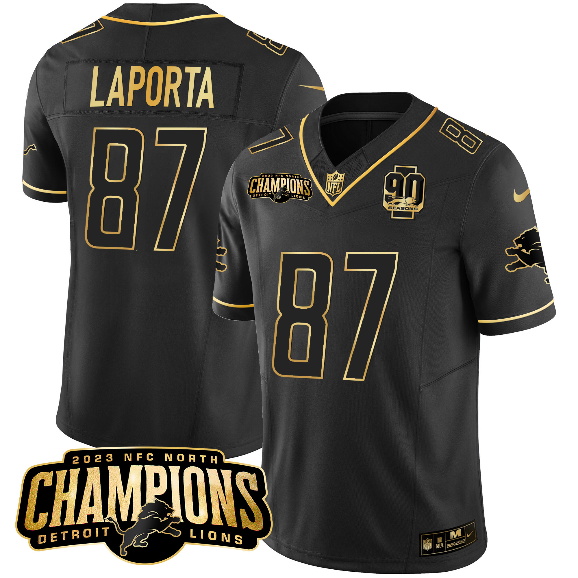 Sam Laporta Men's Detroit Lions 2023 NFC North Champions Patch Gold Vapor Black Gold Jersey - All Stitched 